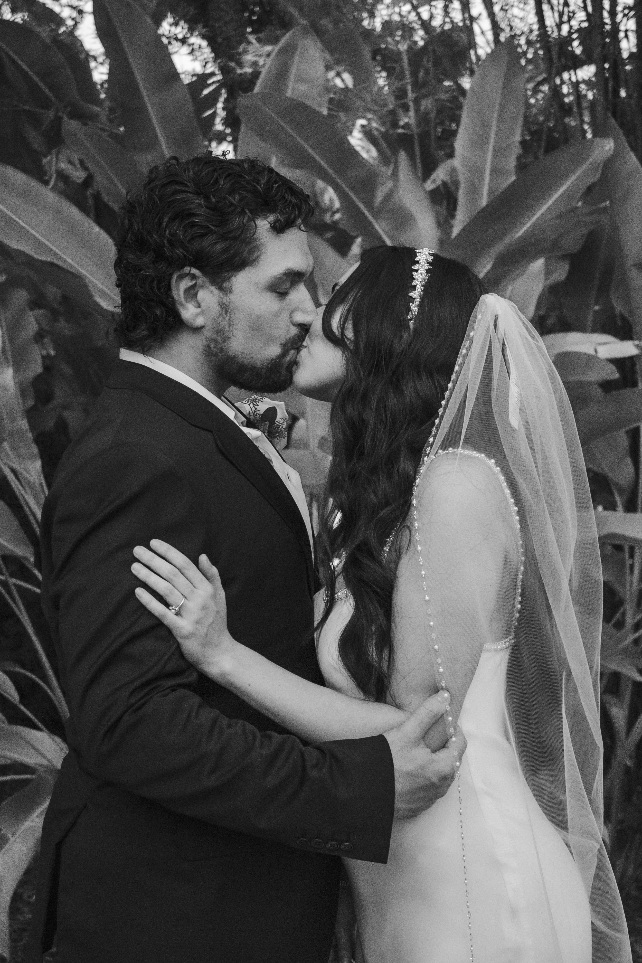A black and white photo of a bride and groom sharing a kiss outdoors, surrounded by lush large leaves. The bride is wearing a gown with pearl details and a veil, while the groom is dressed in a dark suit.