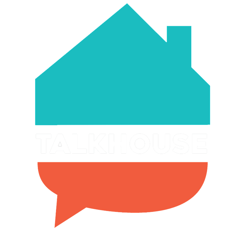 A graphic logo with a blue house shape at the top, a red speech bubble at the bottom, and the words 'TALKHOUSE' in white, bold, stylized text across the middle.