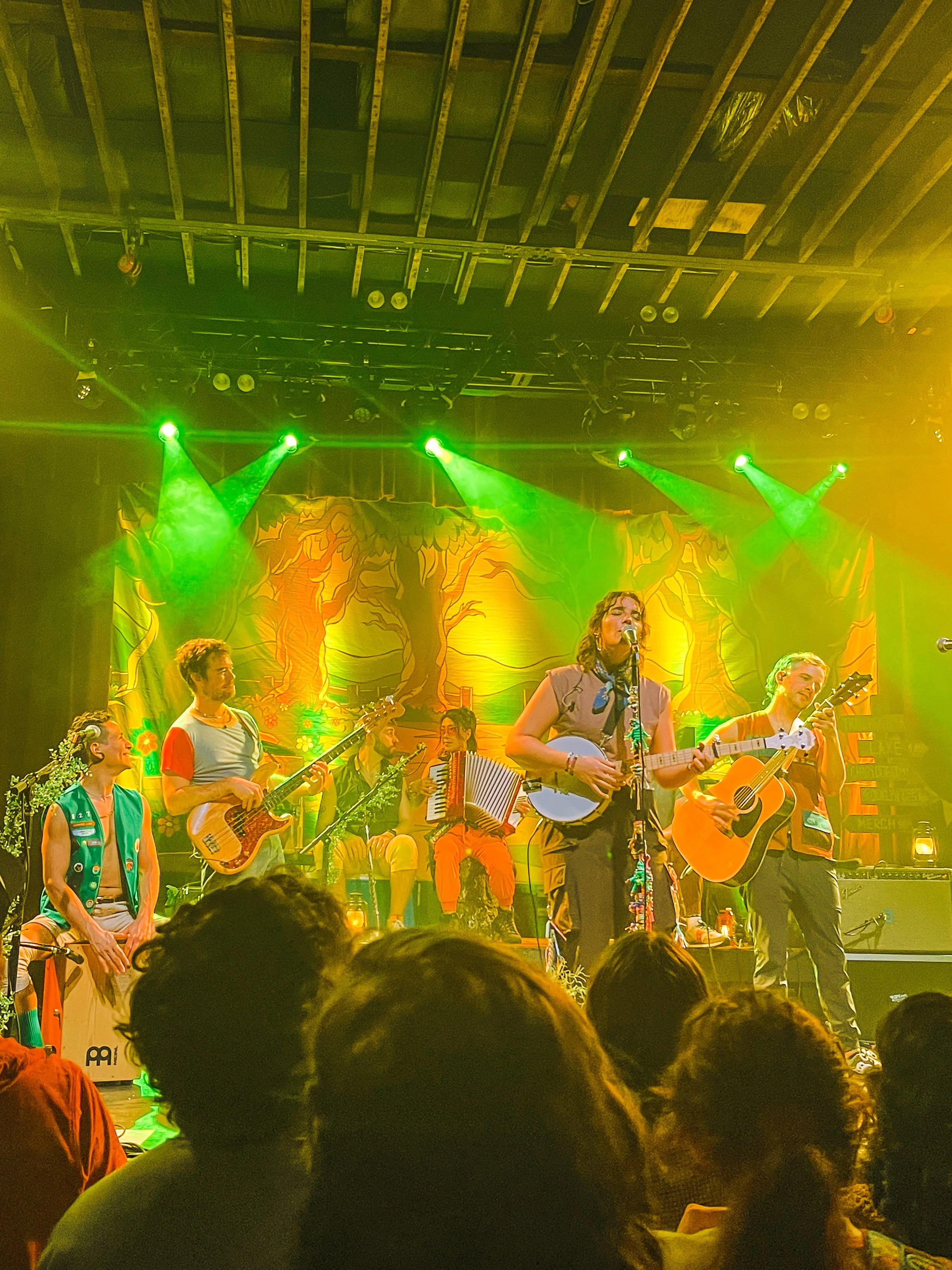 Performers on stage playing musical instruments in a colorful setting with green stage lighting and a backdrop of a tree scene.