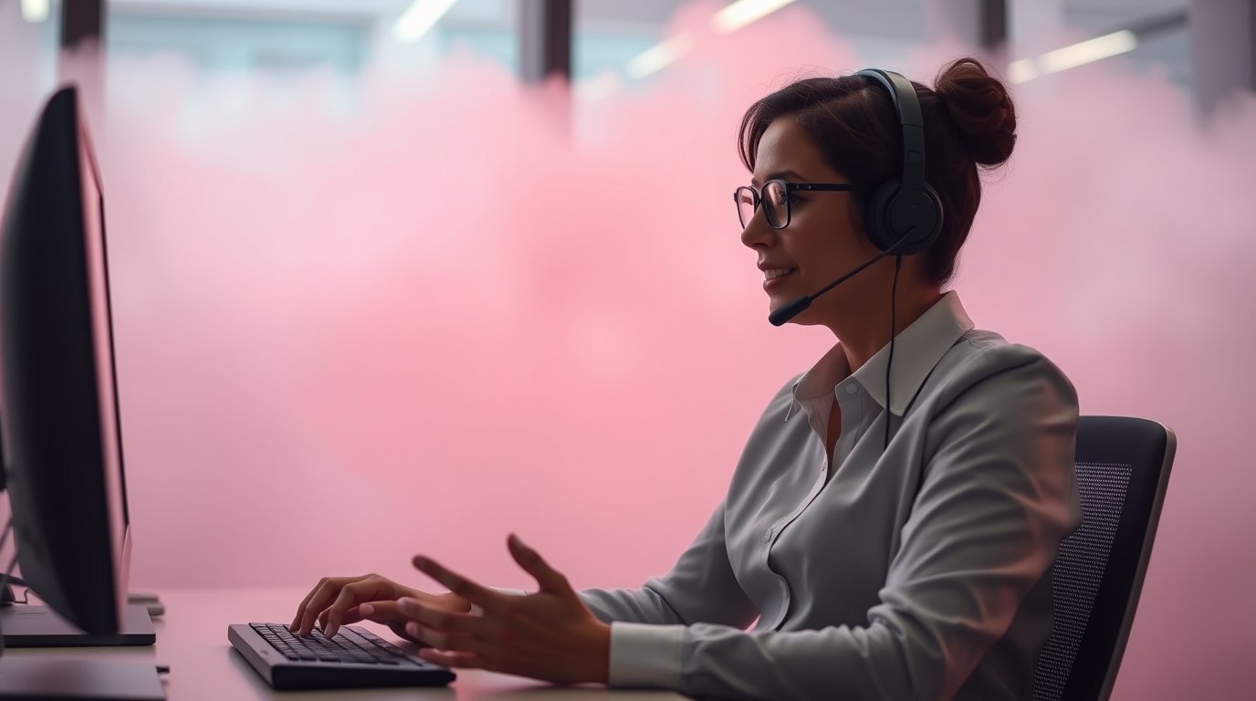 Mulher usando fone de ouvido com microfone, sentada em frente a um computador, conversando ou trabalhando. Fundo rosa desfocado.