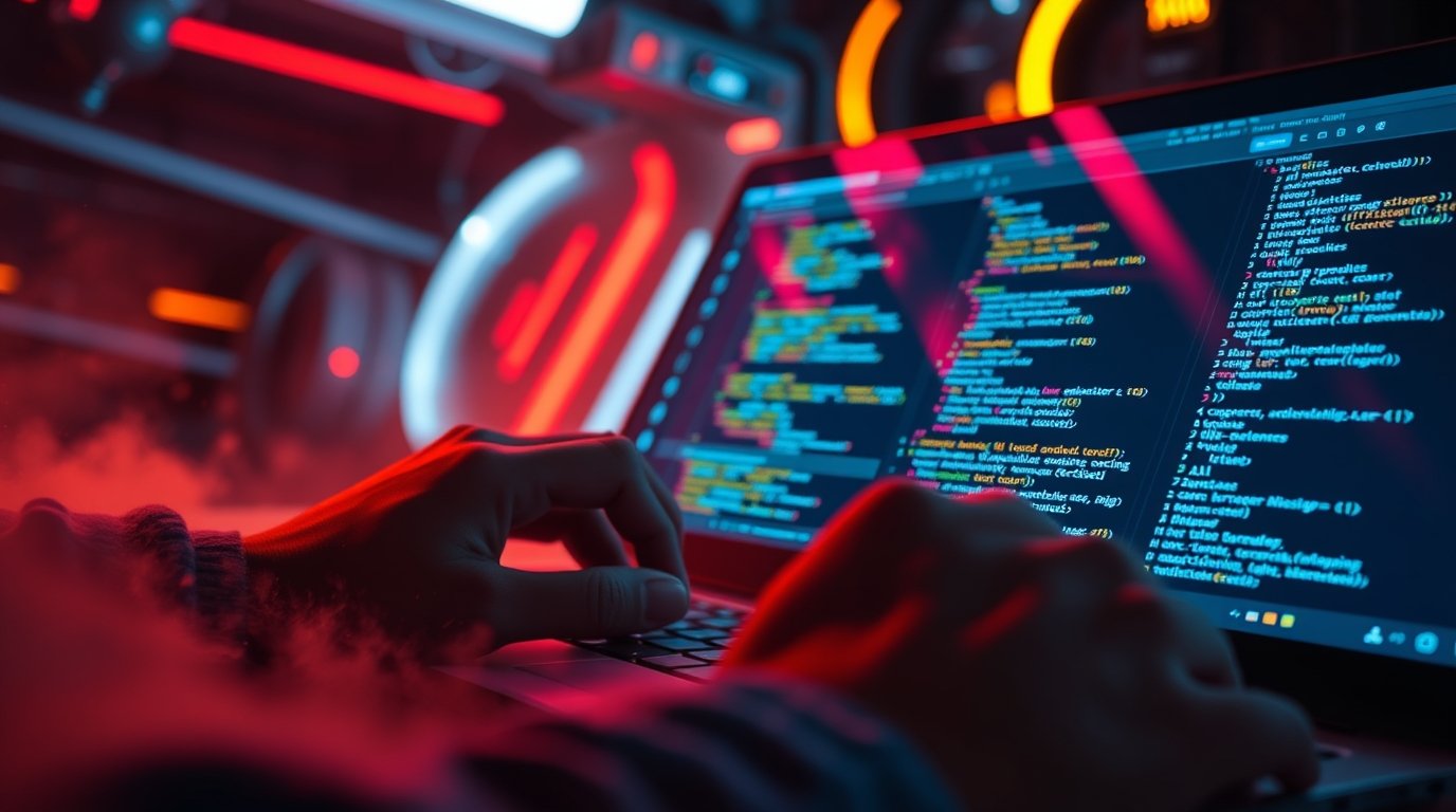 Pessoa digitando em um laptop com linhas de código na tela, em um ambiente com iluminação vermelha e azul.