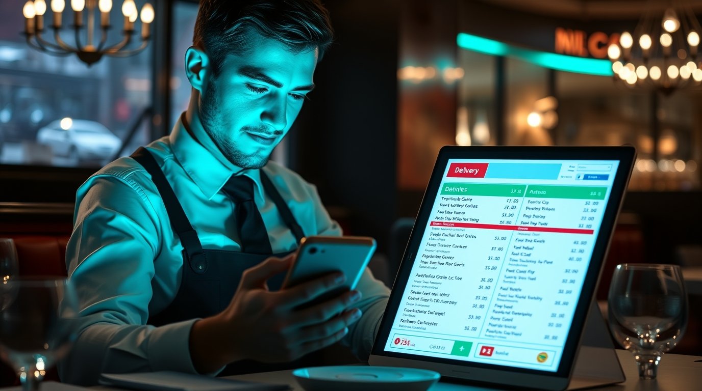 Garçom usando um tablet em um restaurante, visualizando pedidos de entrega.