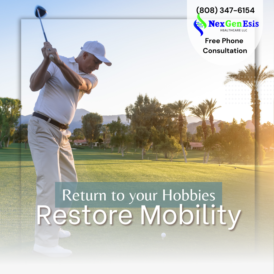 Man playing golf on a sunny day with text promoting mobility restoration and free phone consultation from NexGenEsis Healthcare.