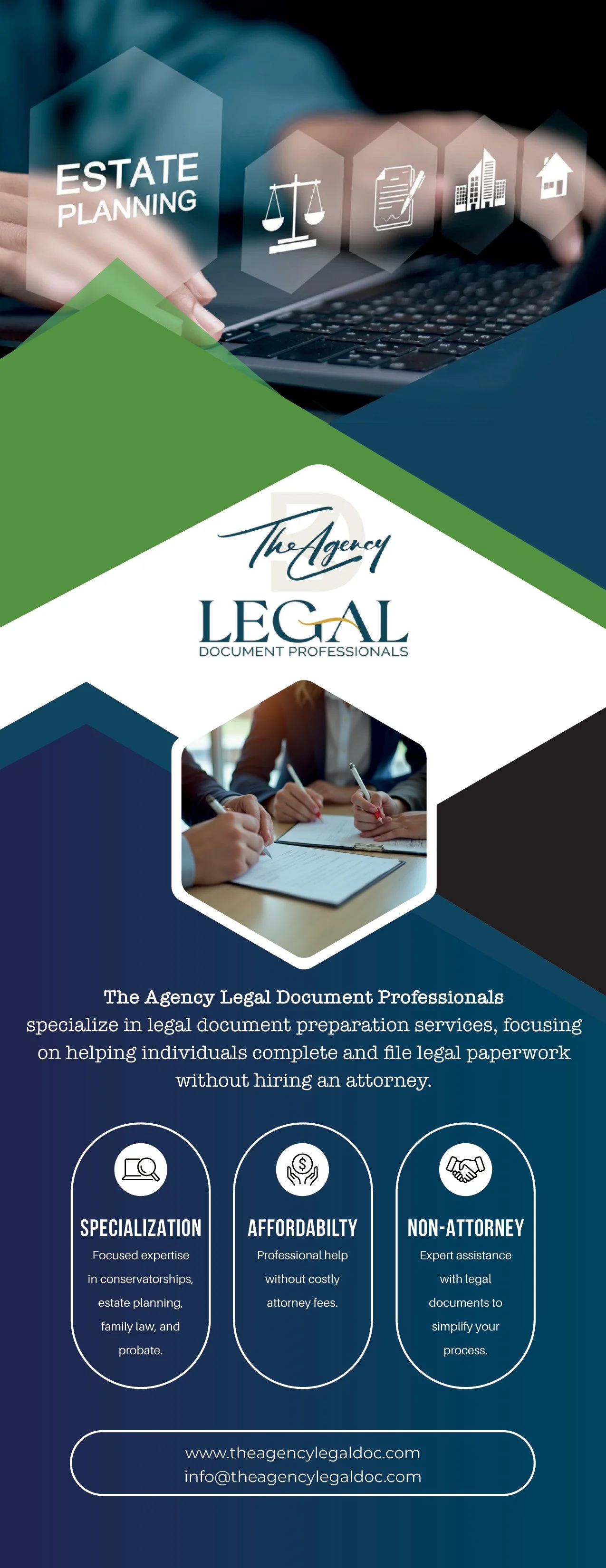 A digital promotional poster for The Agency Legal Document Professionals, featuring images of people working with legal documents, icons representing estate planning and legal services, and contact information at the bottom.