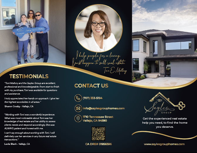 Real estate logo with a portrait of a woman wearing glasses, testimonials from clients, contact information including phone number, email, address, and a QR code, and images of a house and three women holding a large key.