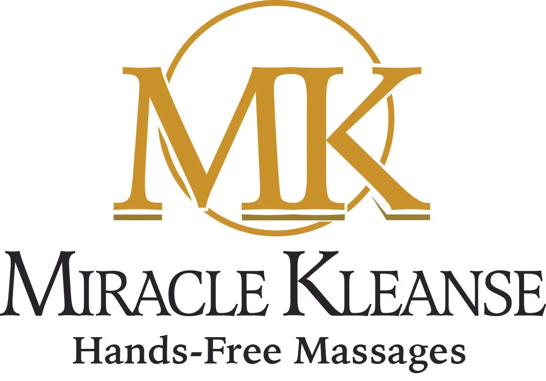 Logo with the initials MK in gold, circled, with the text 'Miracle Kleanse' and 'Hands-Free Massages' below in black.