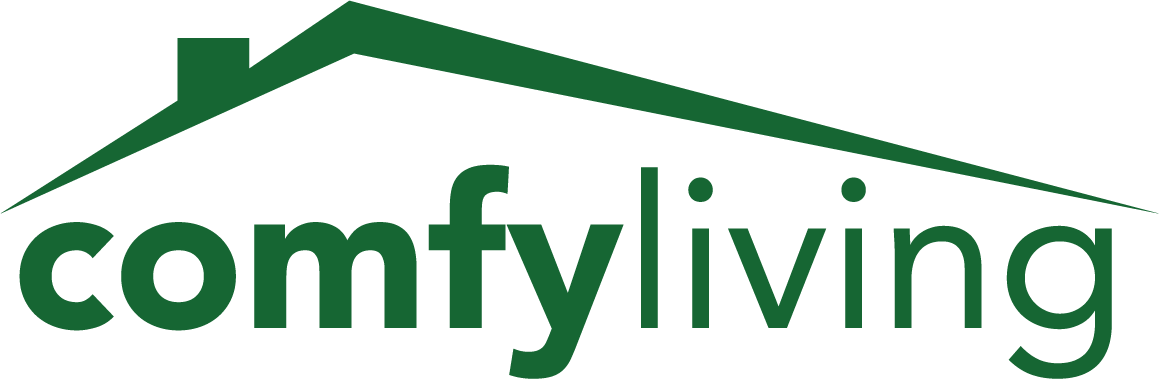 Logo for Comfy Living with a stylized house roof above the text.