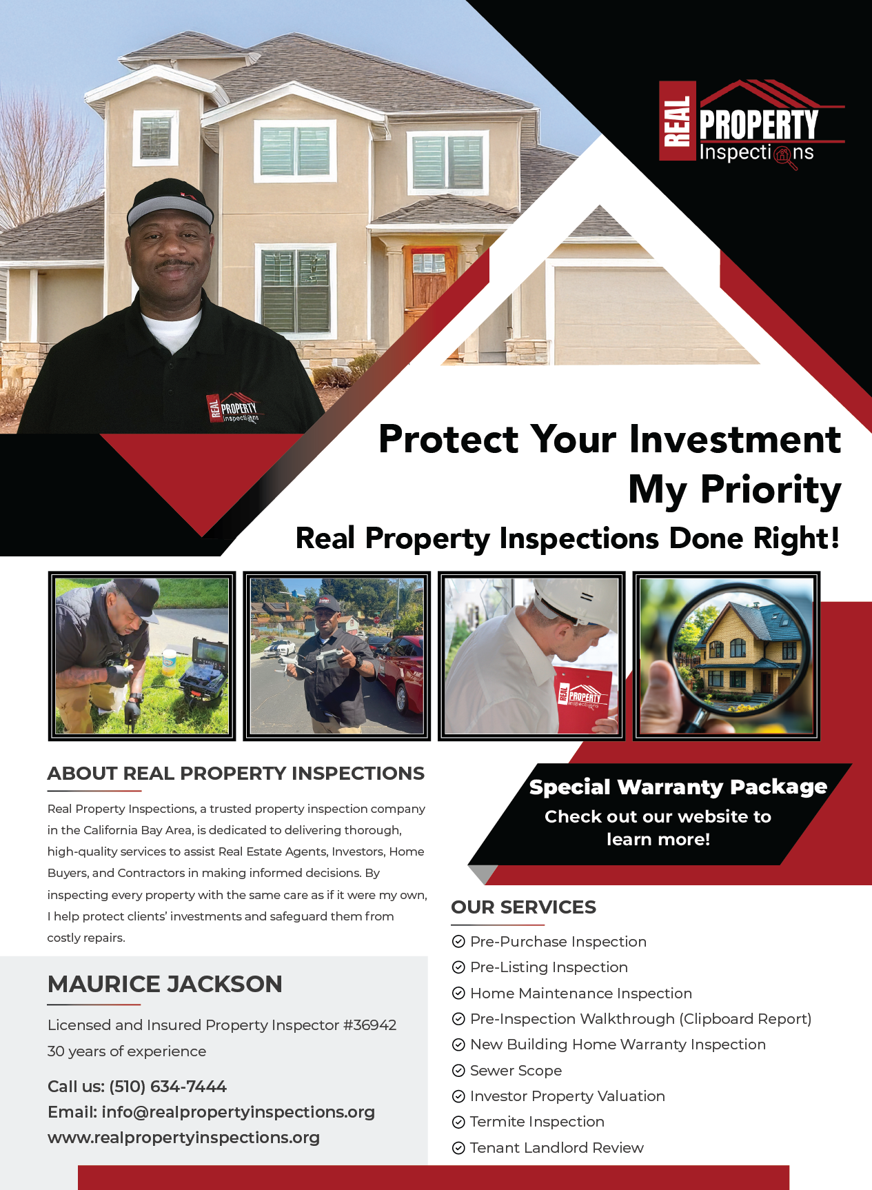 Flyer for real property inspection services featuring a house and inspector, with text emphasizing protection of investment and high-quality inspections, contact information, and services offered.