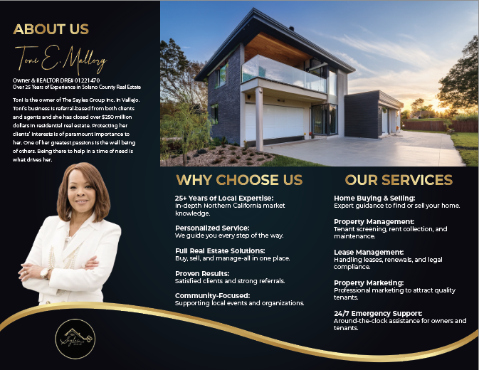 Profile section for Toni E. Mallory, real estate agent with a photo of her in a white blazer, and an image of a modern house with a driveway, trees, and sunset sky in the background.