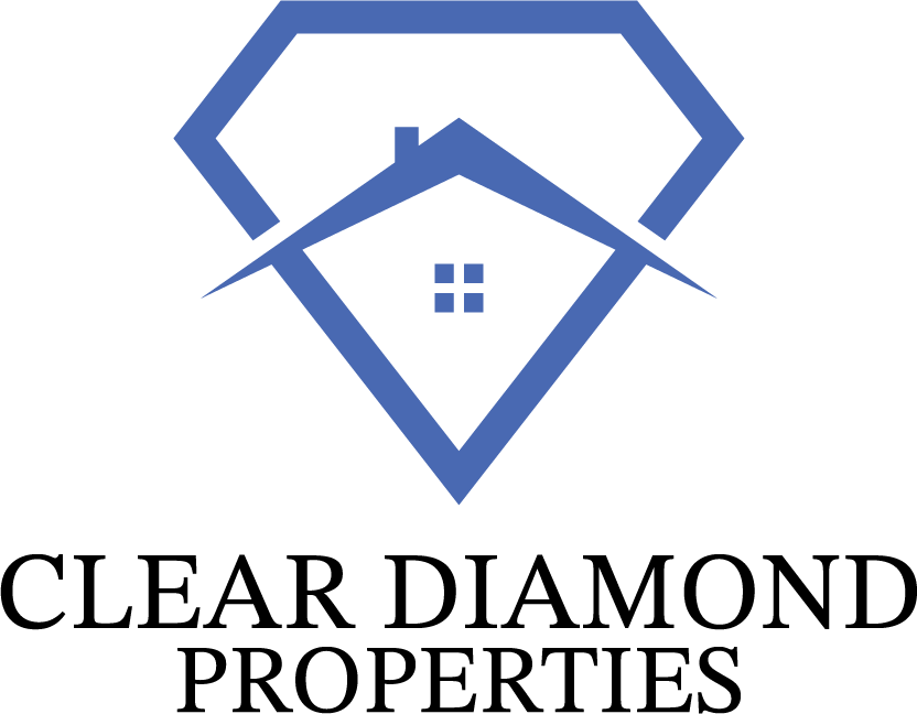 Logo of a real estate company with a diamond shape framing a house with four windows, and the text "Clear Diamond Properties" below.