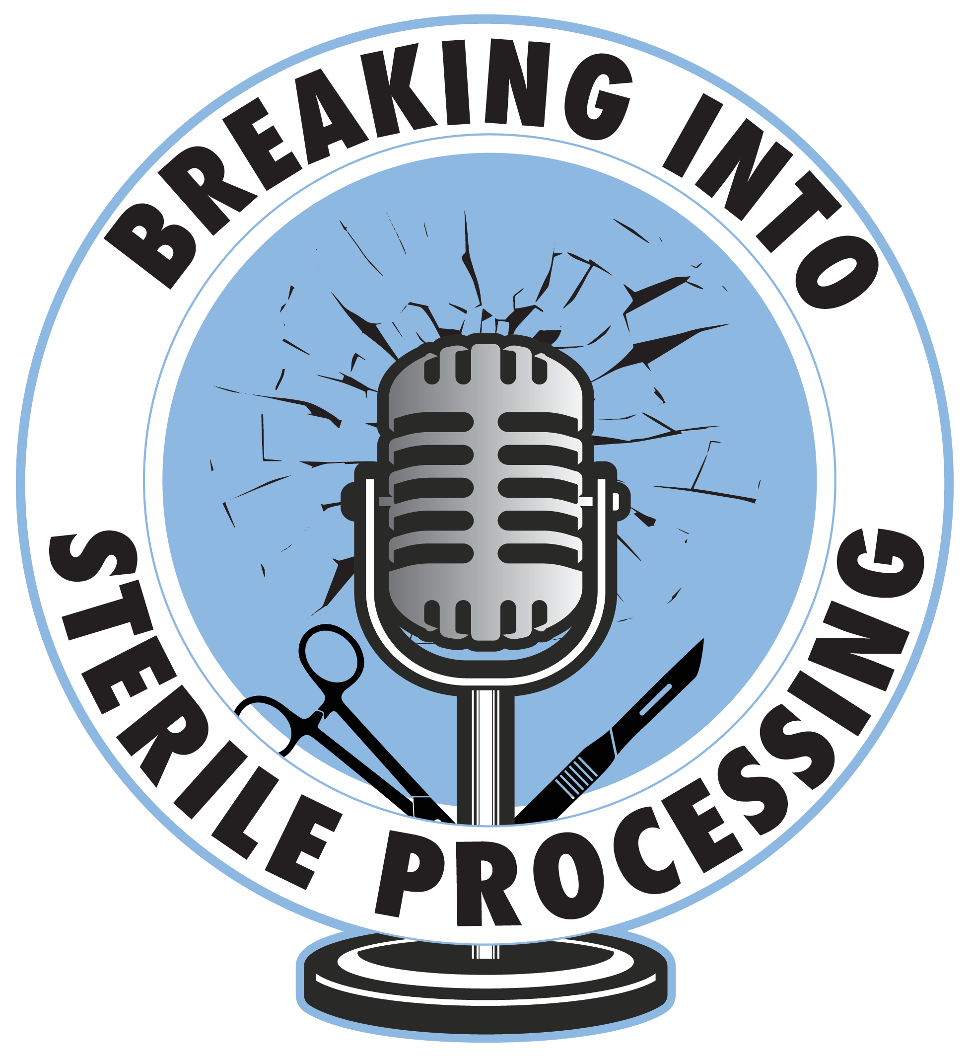 Logo for Breaking Into Sterling Podcast with a vintage microphone, microphone crack effect, and tools like scissors, paintbrush, and scalpel surrounding it.