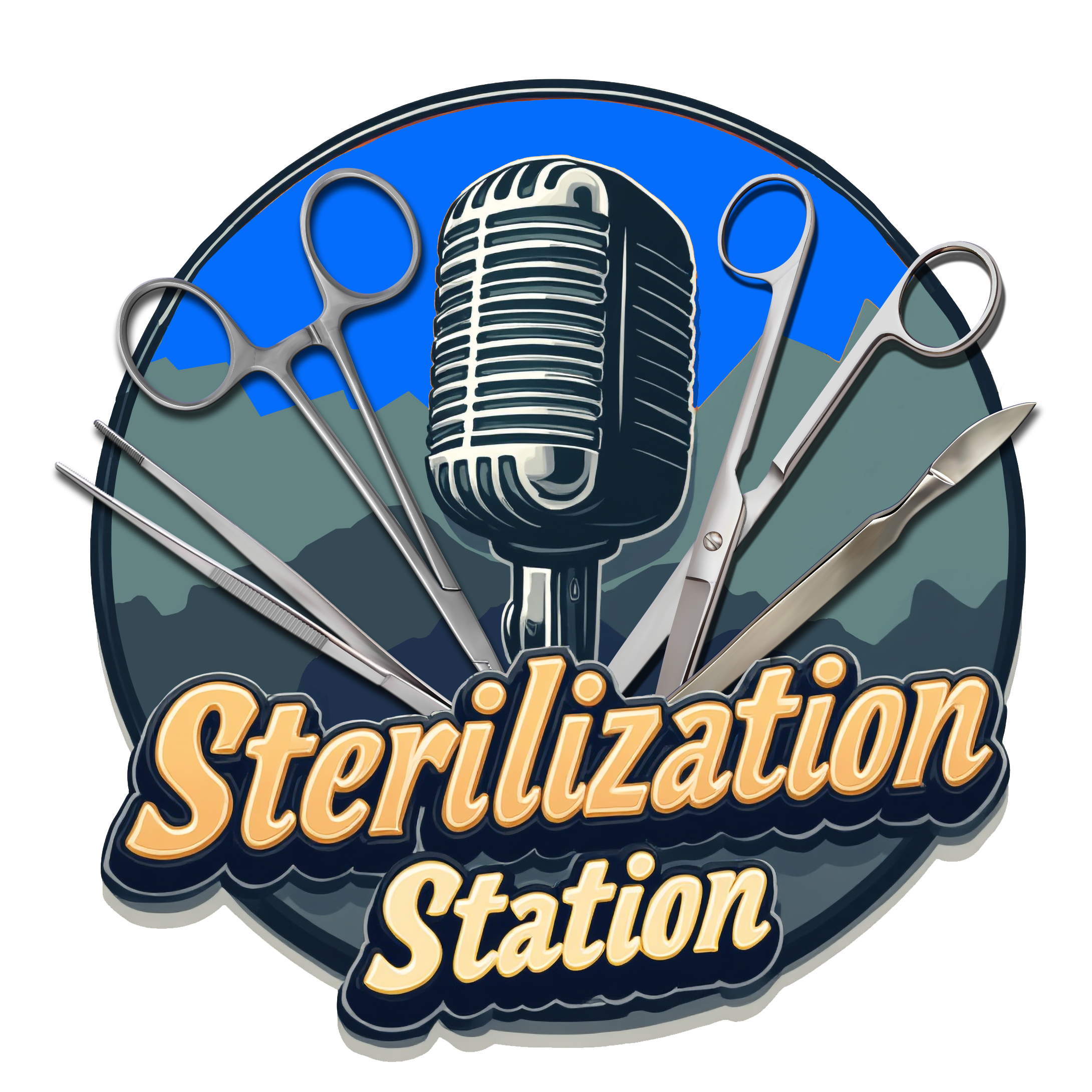 Logo for a sterilization station featuring a retro microphone and surgical instruments including scissors, forceps, and a scalpel, with mountain scenery in the background.