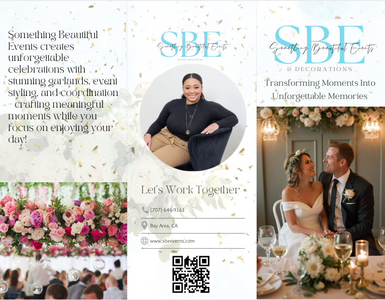 Wedding event flyer featuring floral decorations, a smiling woman sitting on a dark chair, a bride and groom at their reception, and an image of a pink flower arrangement, with text about event planning services.