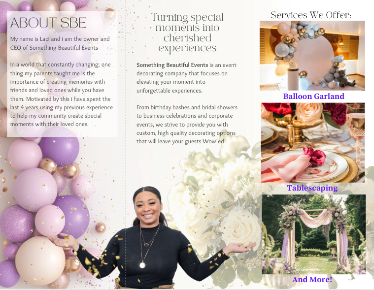 A woman standing in front of a display with pink, purple, white, and gold balloons, smiling and holding her arms out. To her right, three sections highlight services: a balloon garland, tablescaping, and a decorative arch, with each section showing relevant event decoration images.