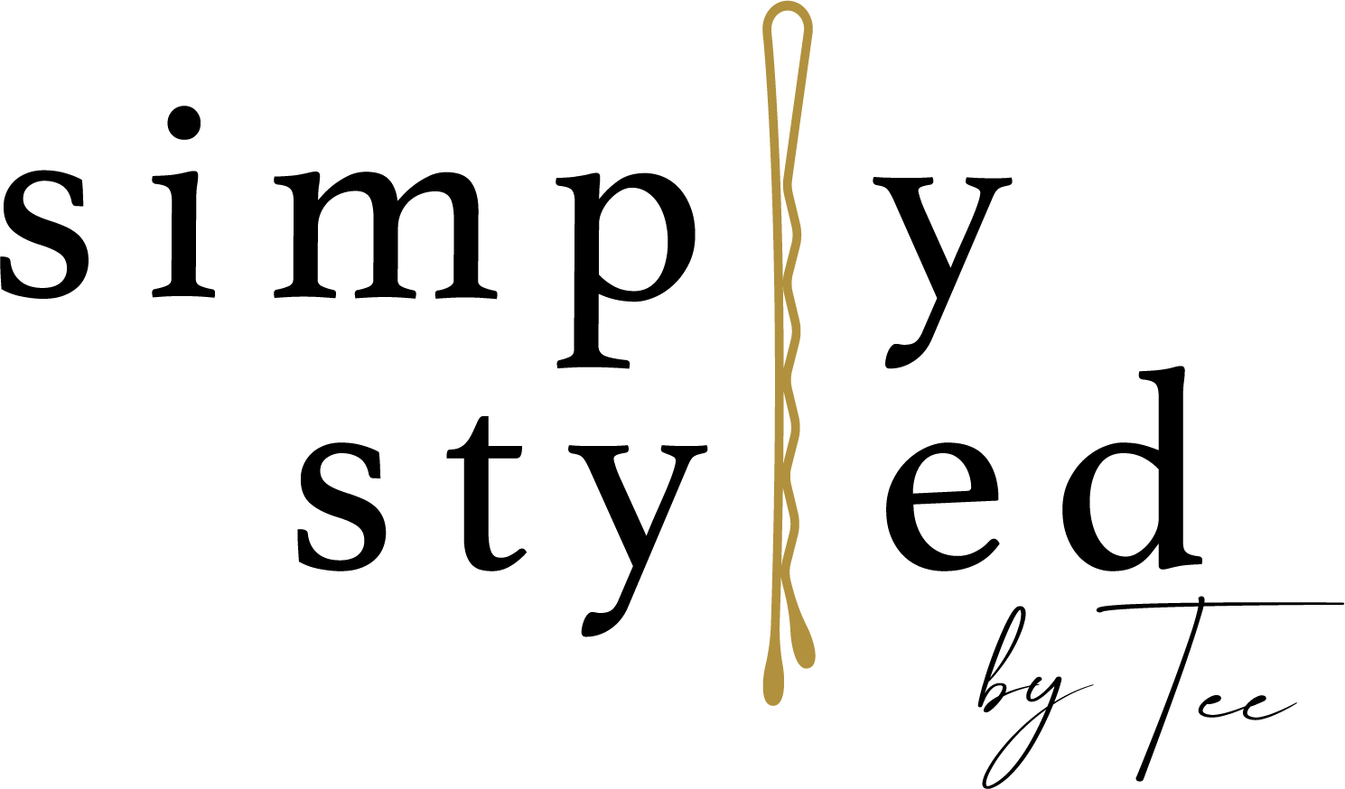 Logo with the words 'simply styled' in black text, a gold bobby pin running vertically between the words, and 'by Tee' written in cursive at the bottom right corner.