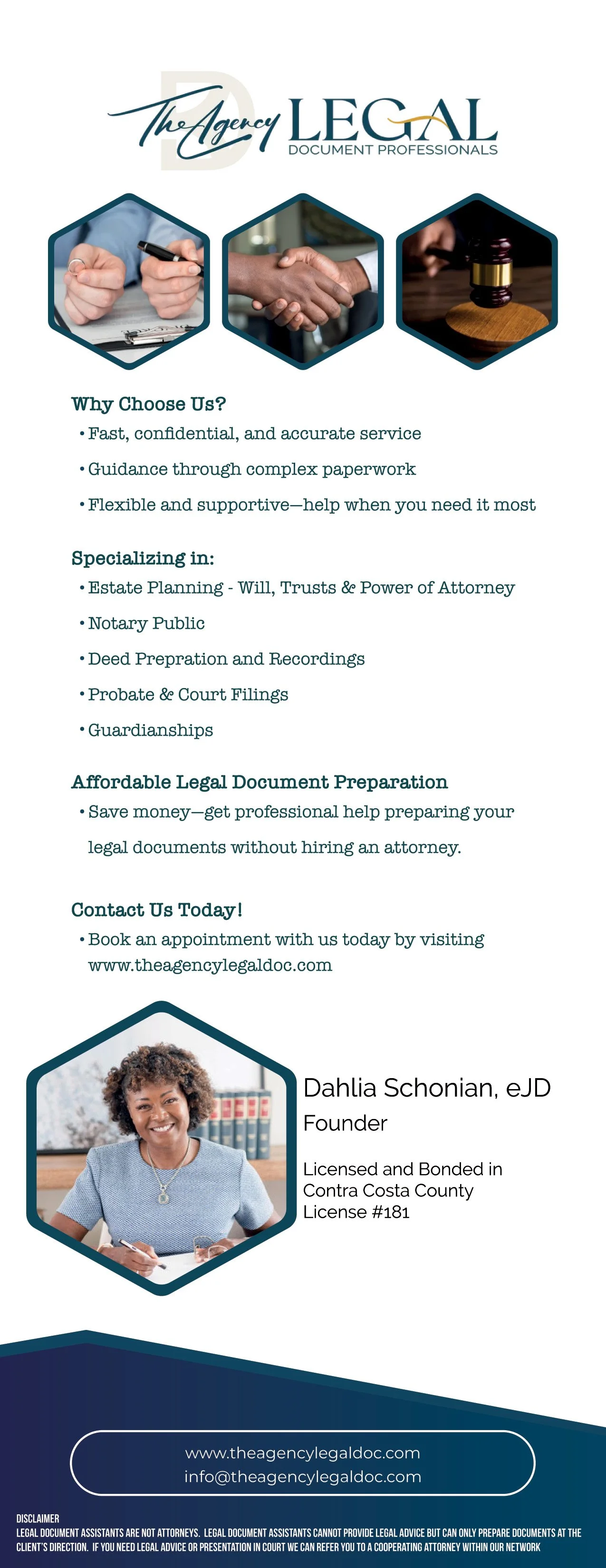 Legal service flyer with images of a handshake, a gavel, and a person signing documents. Features contact info and a photo of Dahlia Schonian, eJD, founder.