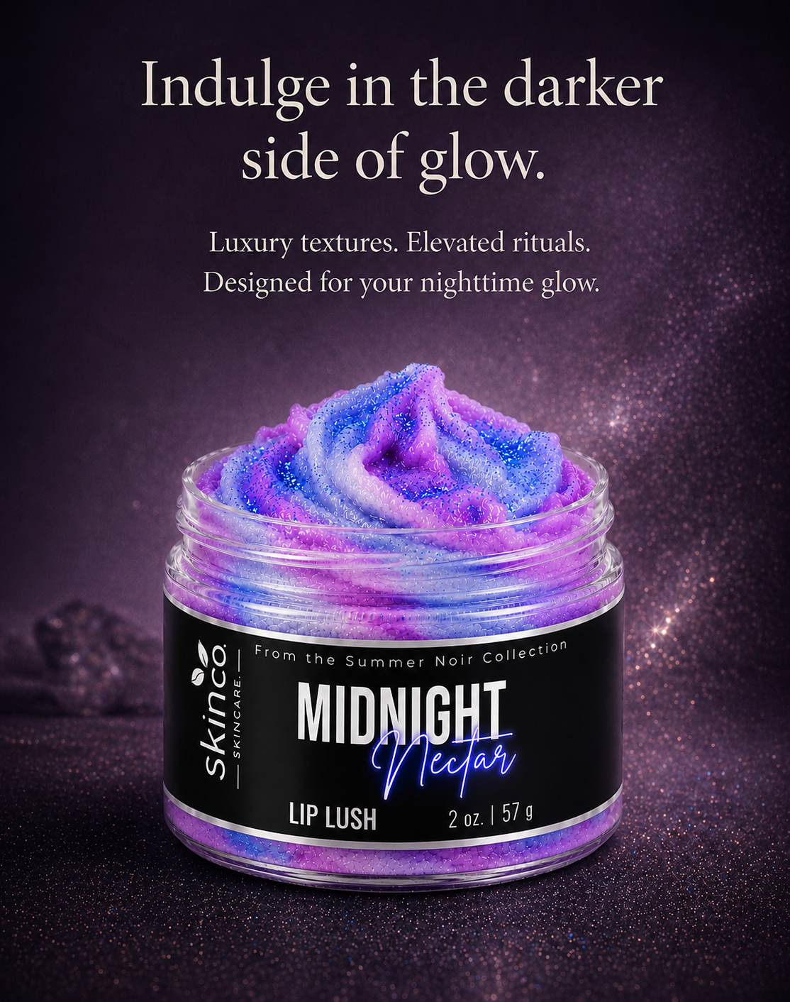 A jar of Skin Co. Midnight Nectar lip lush from the Summer Noir Collection, with a purple and blue swirled, glowing, textured appearance, against a dark starry background and promotional text.