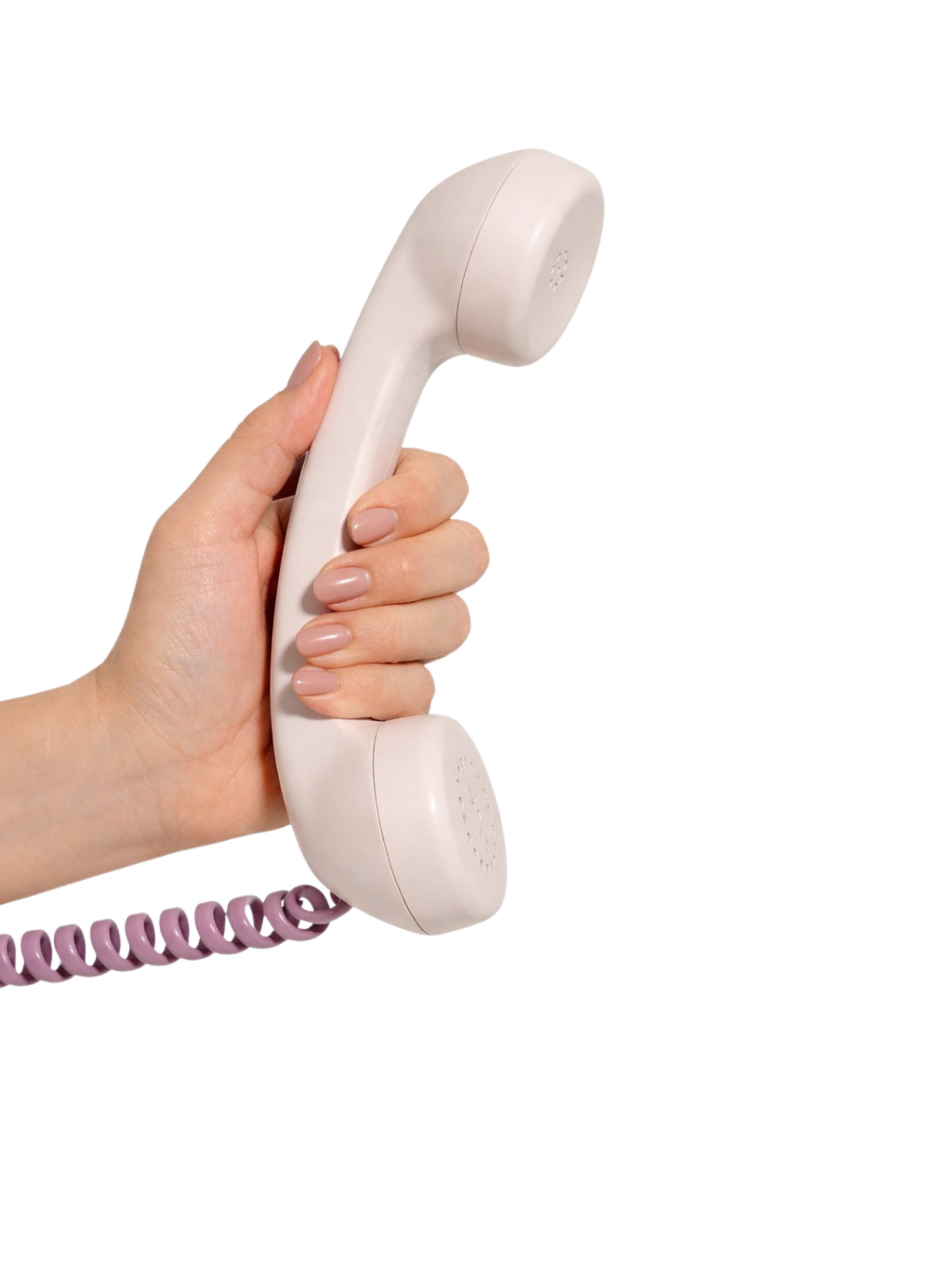 A hand holding a white corded telephone receiver with a pink spiral cord, against a background with horizontal color stripes, including red, blue, yellow, and pink.