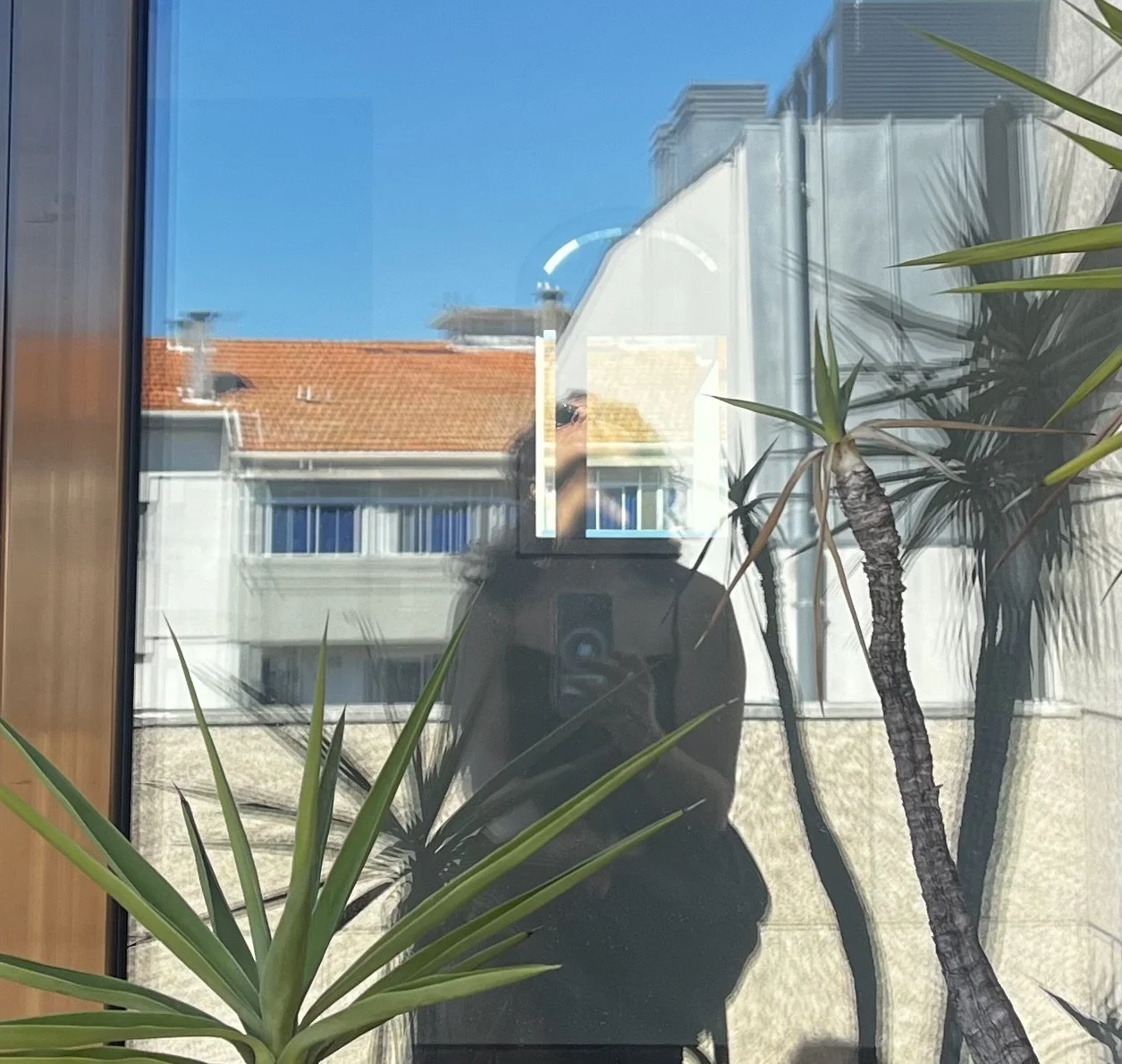 Reflection of a person taking a photo in a glass window with plants and a building with a red-tiled roof outside.