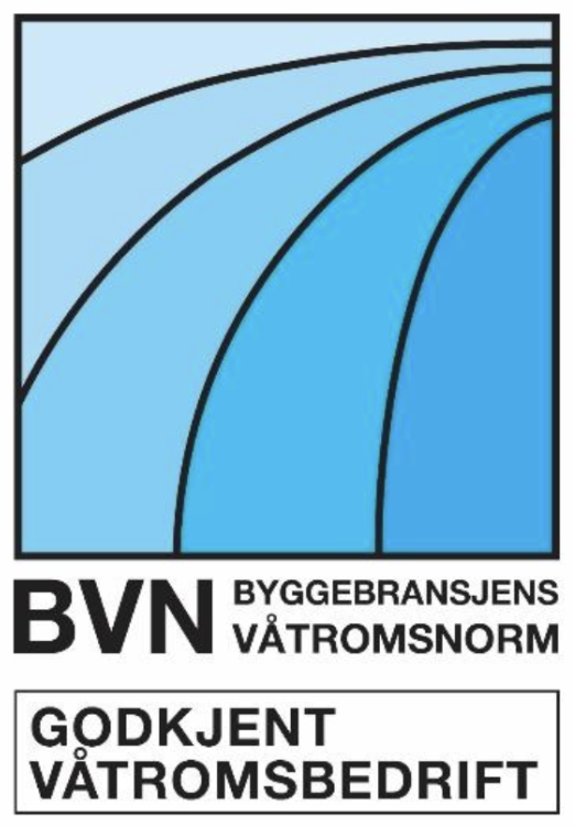 Logo for BVN Byggebransjens Våtromsnorm, med blå kurvede linjer og svart tekst.
