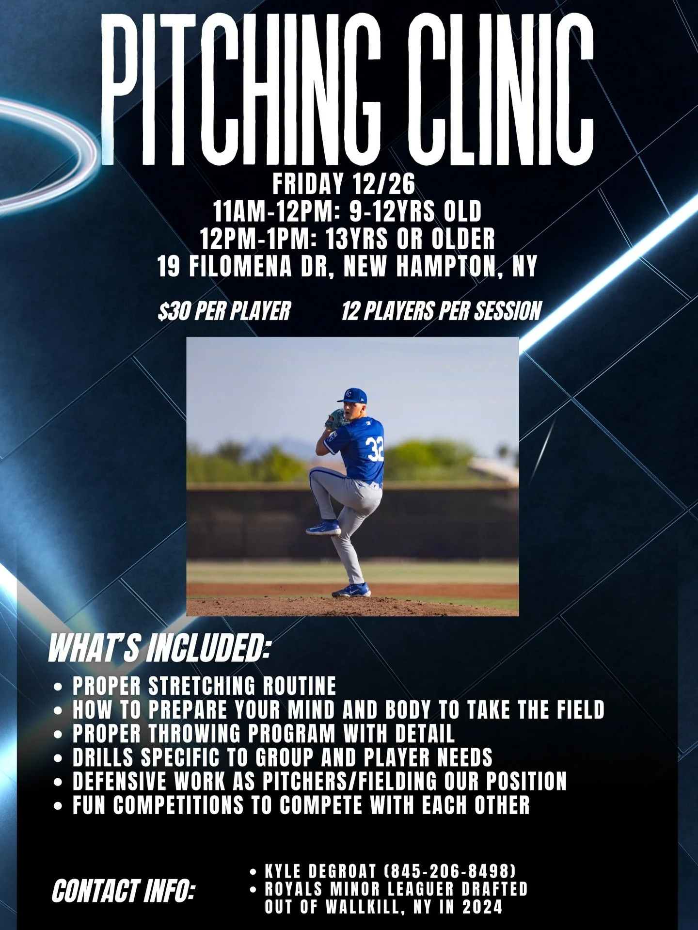 🎁⚾️Last Minute Gift Alert🎁⚾️

The facility will be hosting a baseball pitching clinic by @kcroyals Pitching Prospect @kyle.degroat3 on Friday 12/26.

Only 12 Players per session. $30 per player.

Ages 9-12: 11am-12pm
Ages 13 &amp; Up: 12pm-1pm

To 
