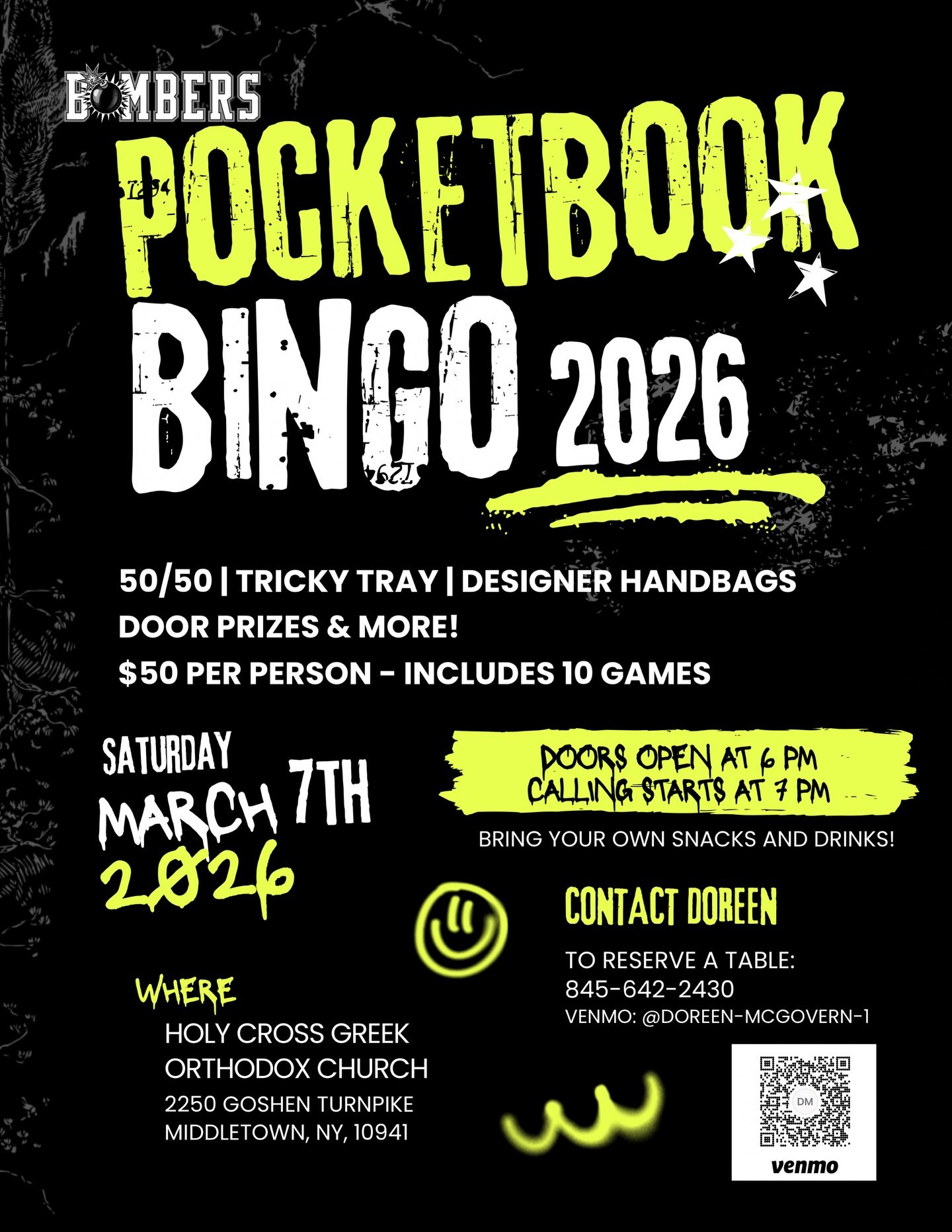 POCKETBOOK BINGO 👜

Grab your besties and get ready for a night of
*designer handbags, prizes, and nonstop fun!*

 **March 7, 2026**
Holy Cross Greek Orthodox Church &mdash;
Middletown, NY

Doors open at 6PM | Calling starts at 7PM
$50 per person (i