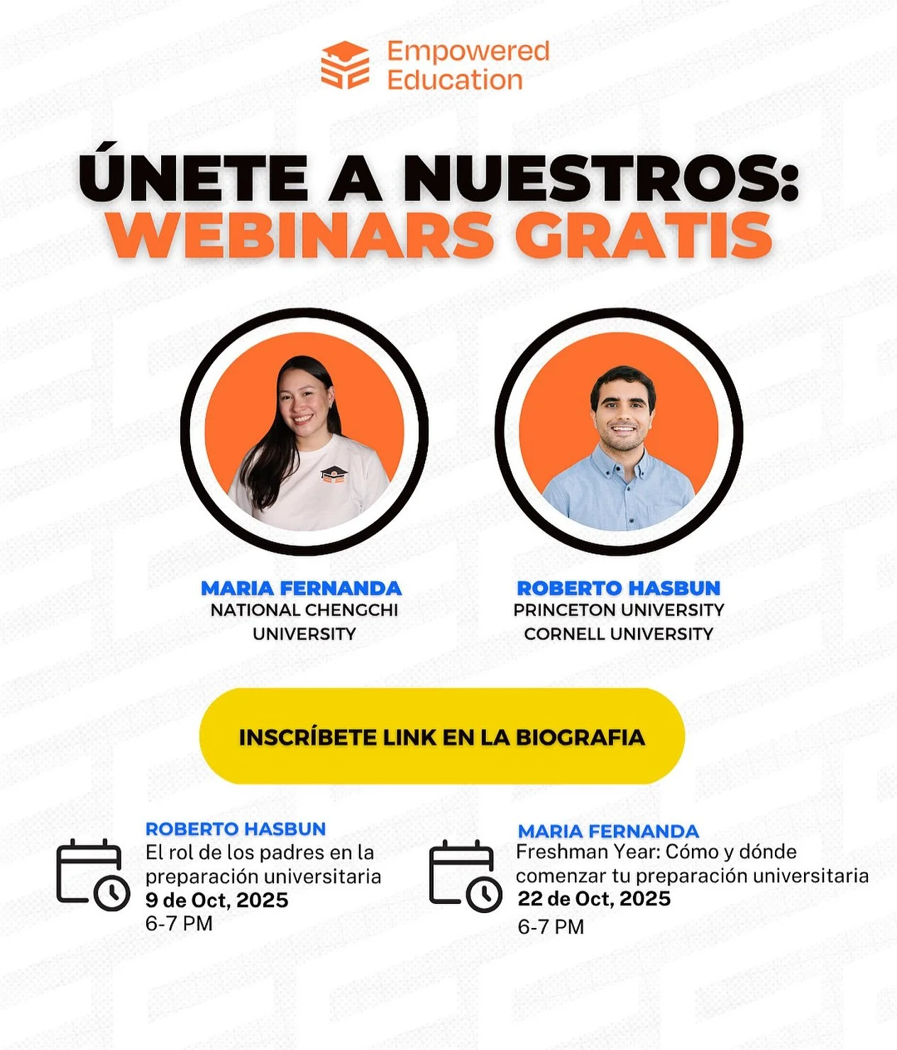 &iexcl;Webinars GRATIS durante octubre! 💻

Acomp&aacute;&ntilde;anos en nuestras sesiones impartidas por asesores expertos, graduados de prestigiosas universidades como Princeton, Cornell y National Chengchi University.🎓

👉🏼Inscribete a trav&eacu
