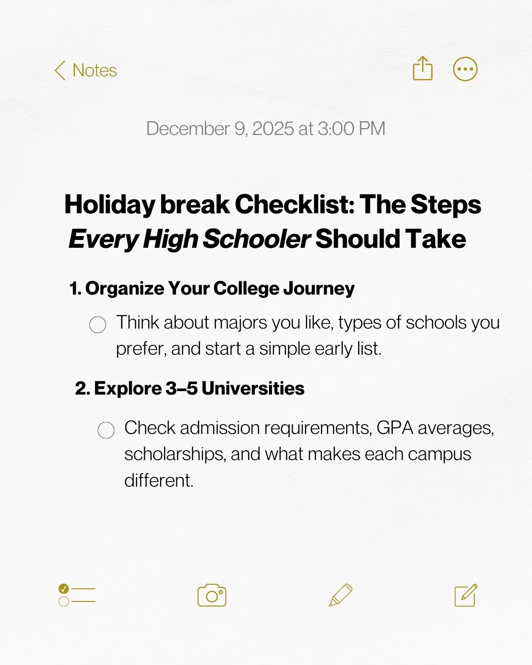Your holiday break can be productive!✨

This checklist helps you organize your college plan, explore majors, strengthen your transcript, and start 2026 with clarity &mdash; all in just a few simple steps.

Perfect for Juniors (but great for everyone 