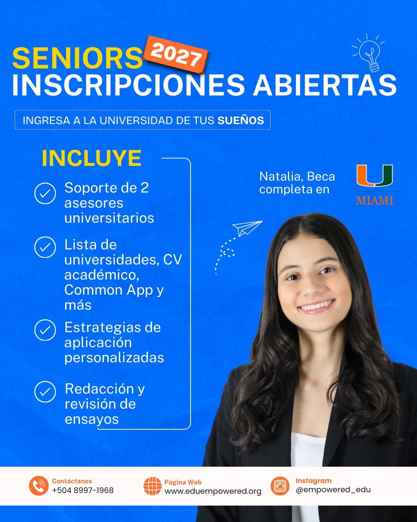 Seniors 2027 | Inscripciones abiertas ✨

En Empowered ofrecemos acompa&ntilde;amiento personalizado uno a uno para el proceso de aplicaciones universitarias, trabajando con DOS coaches por estudiante para asegurar una gu&iacute;a completa y estrat&ea
