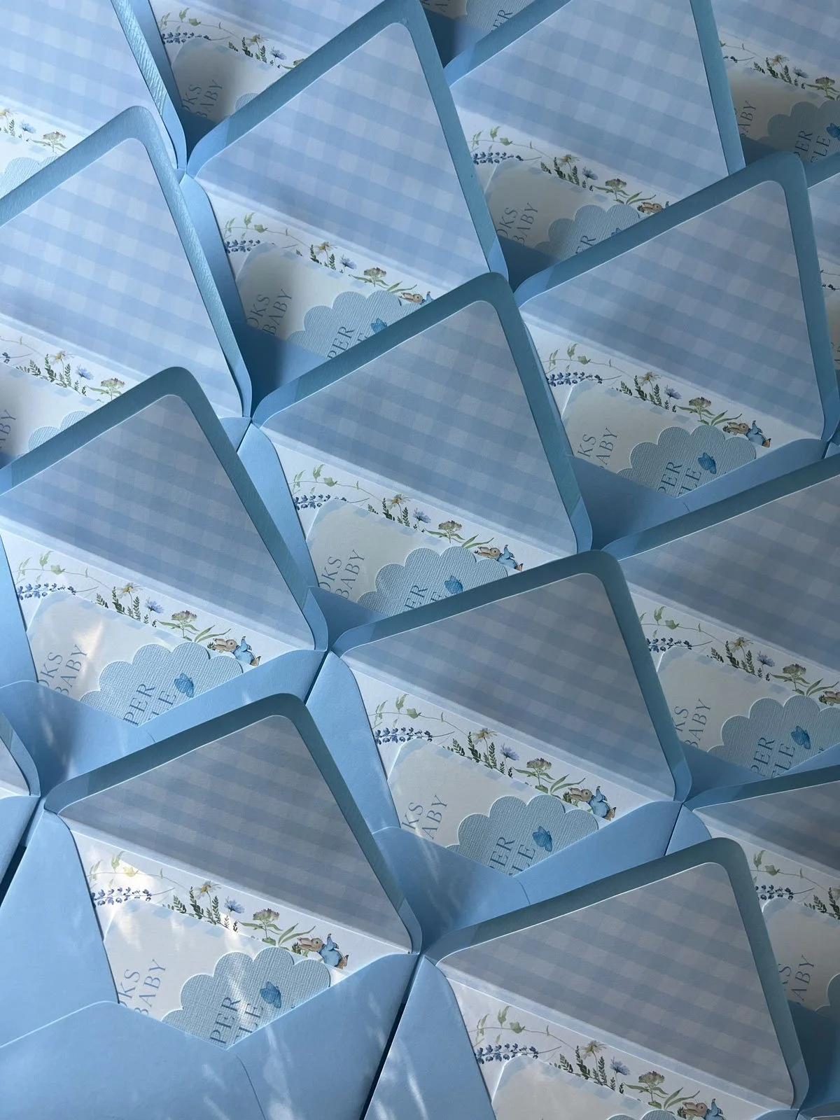 Multiple light blue boxes with checkered patterns and transparent lids, containing paper inserts with floral and animal illustrations and text reading 'Thanks for being a part of our little bundle of joy'.