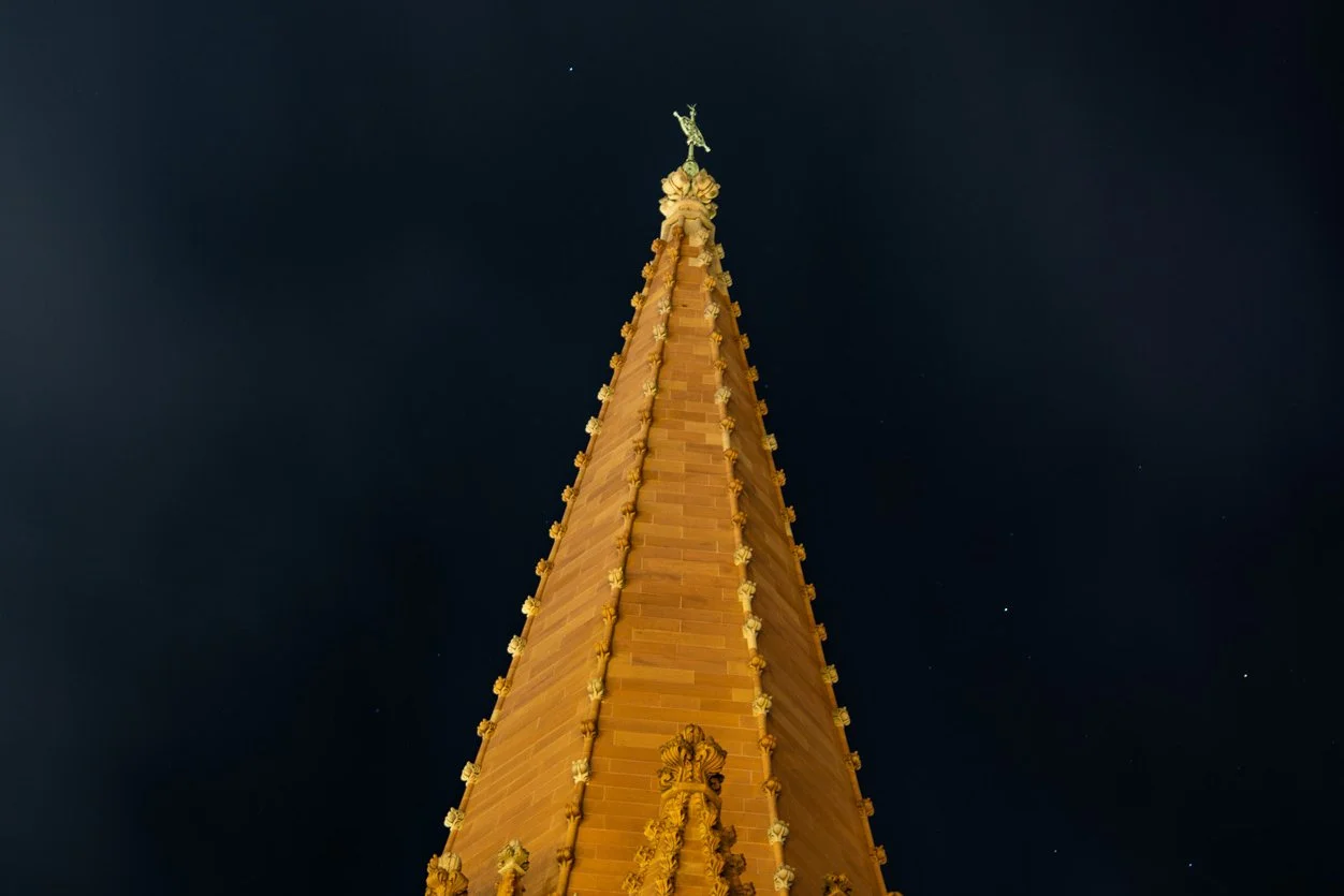 The tower of St Patrick Cathedral illuminate by the night light