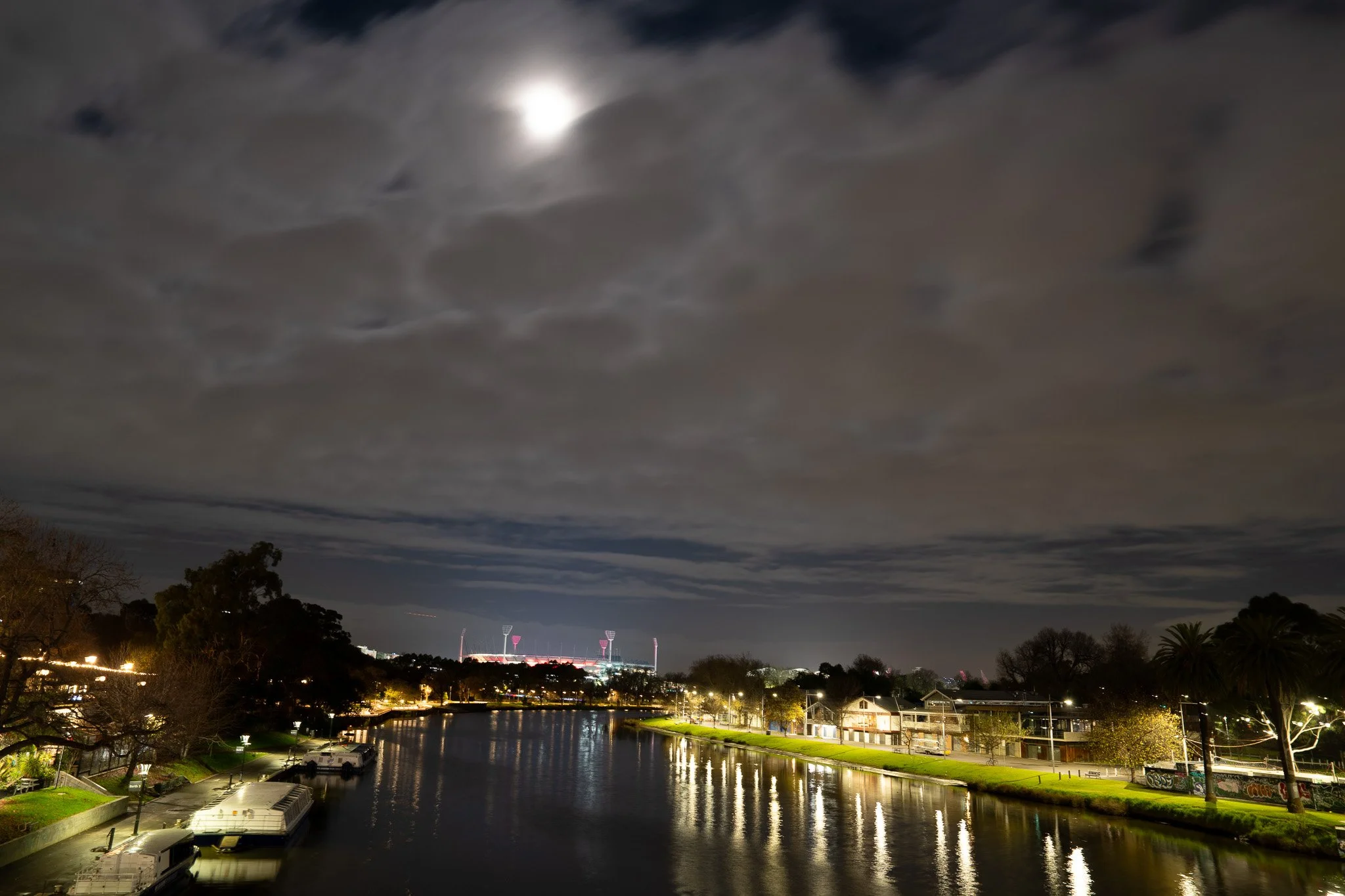 Melbourne Cricket Ground at night from Princes Bridge