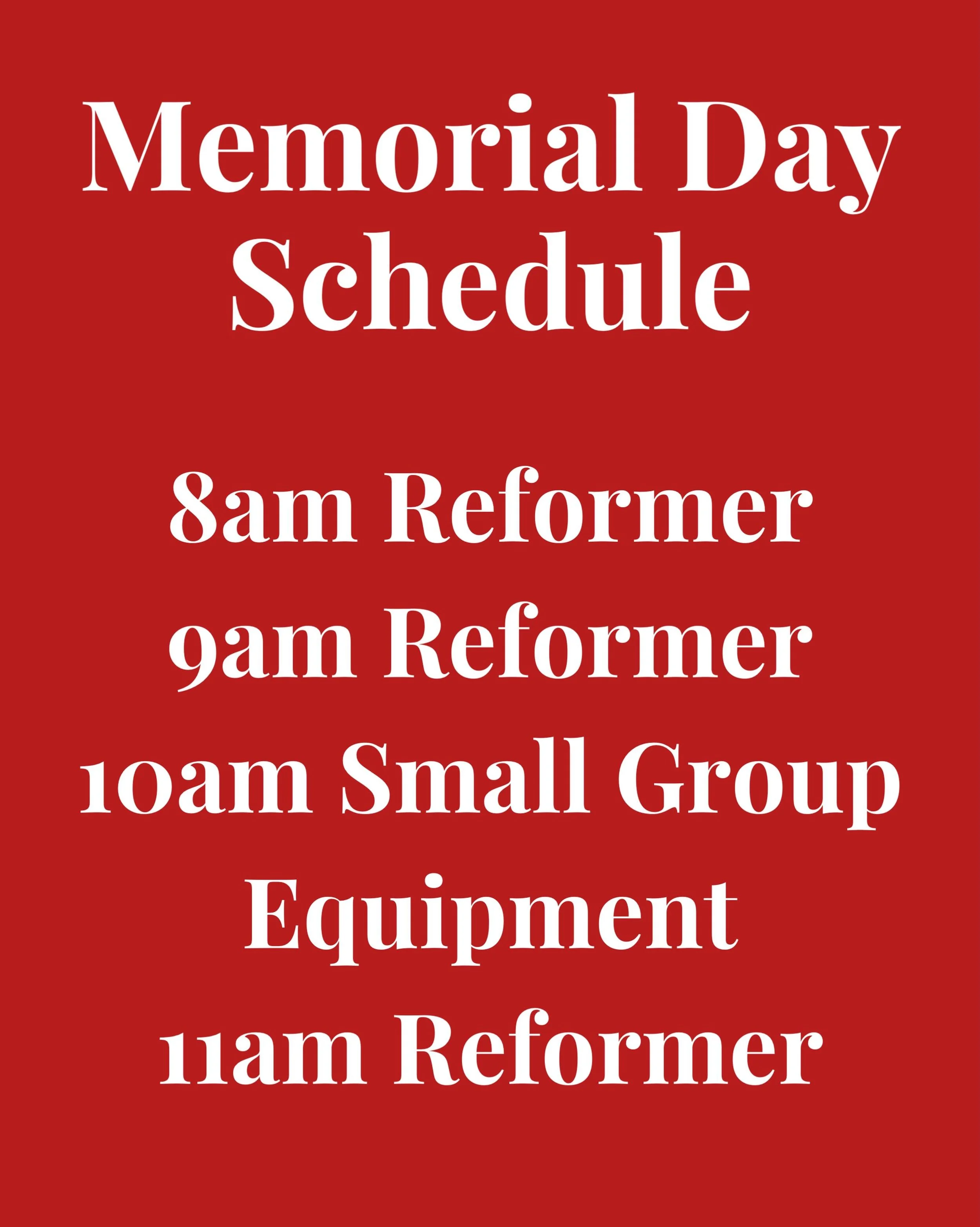 Pilates-4-Virginia Beach will have a limited schedule on Monday, May 25th.

8am Reformer with Jennifer 
9am Reformer with Jennifer 
10am Small Group Equipment with Jennifer 
11am Reformer with Jennifer

Can&rsquo;t make it to one of our Monday classe