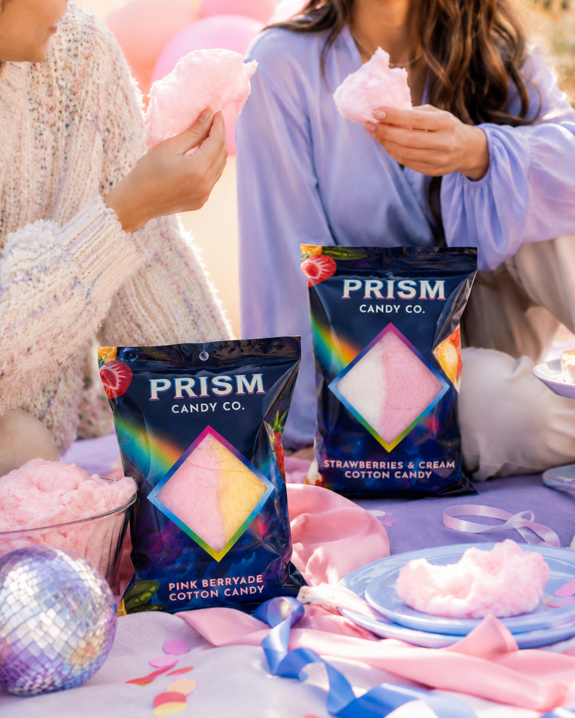 Two people sharing pink cotton candy beside Prism Candy Co. Pink Berryade and Strawberries & Cream bags at a colorful pastel picnic.