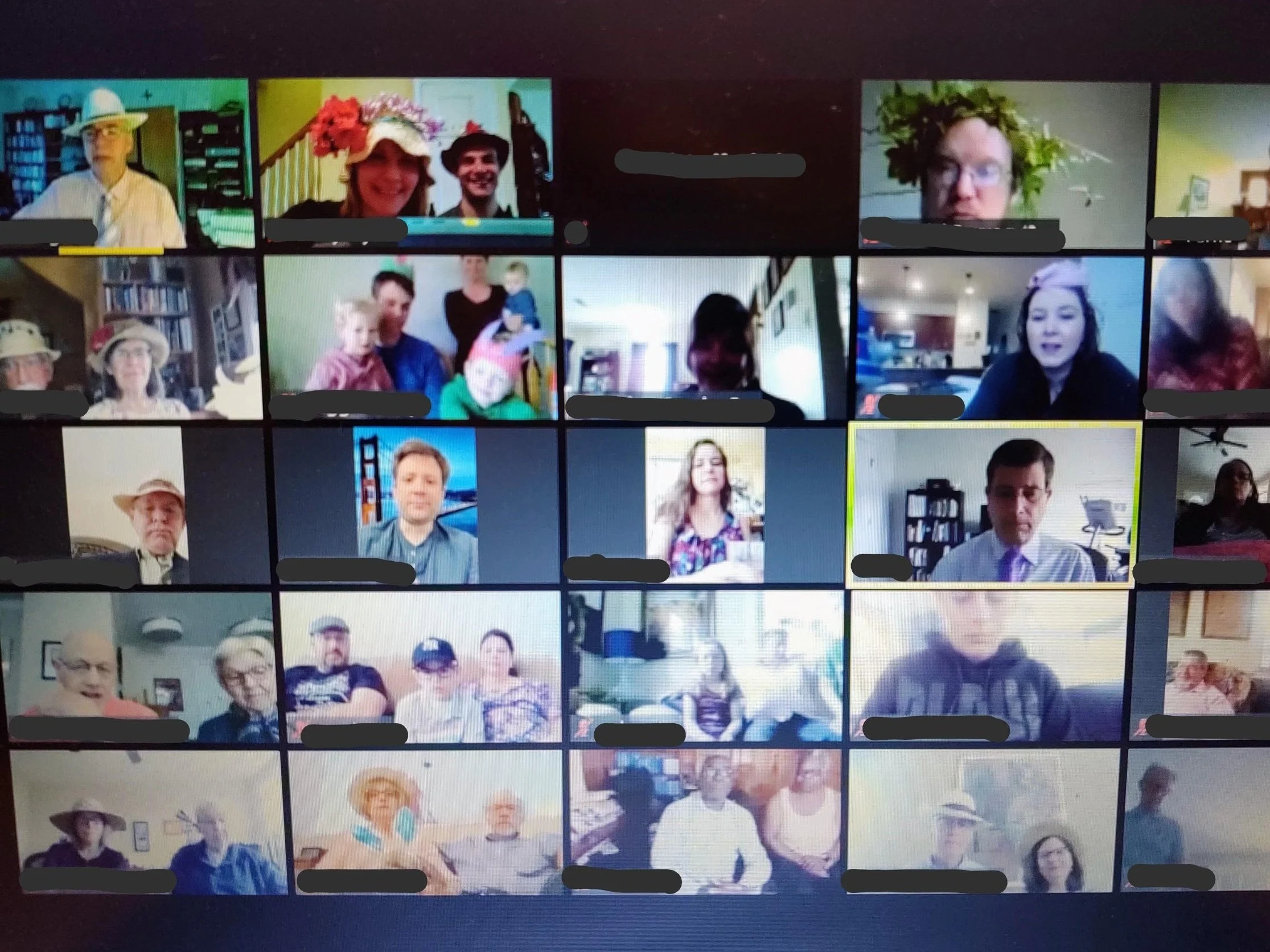 A screenshot of a virtual meeting displayed on a computer screen, featuring multiple participants with various backgrounds, some wearing hats and costumes, and others in casual or professional attire.