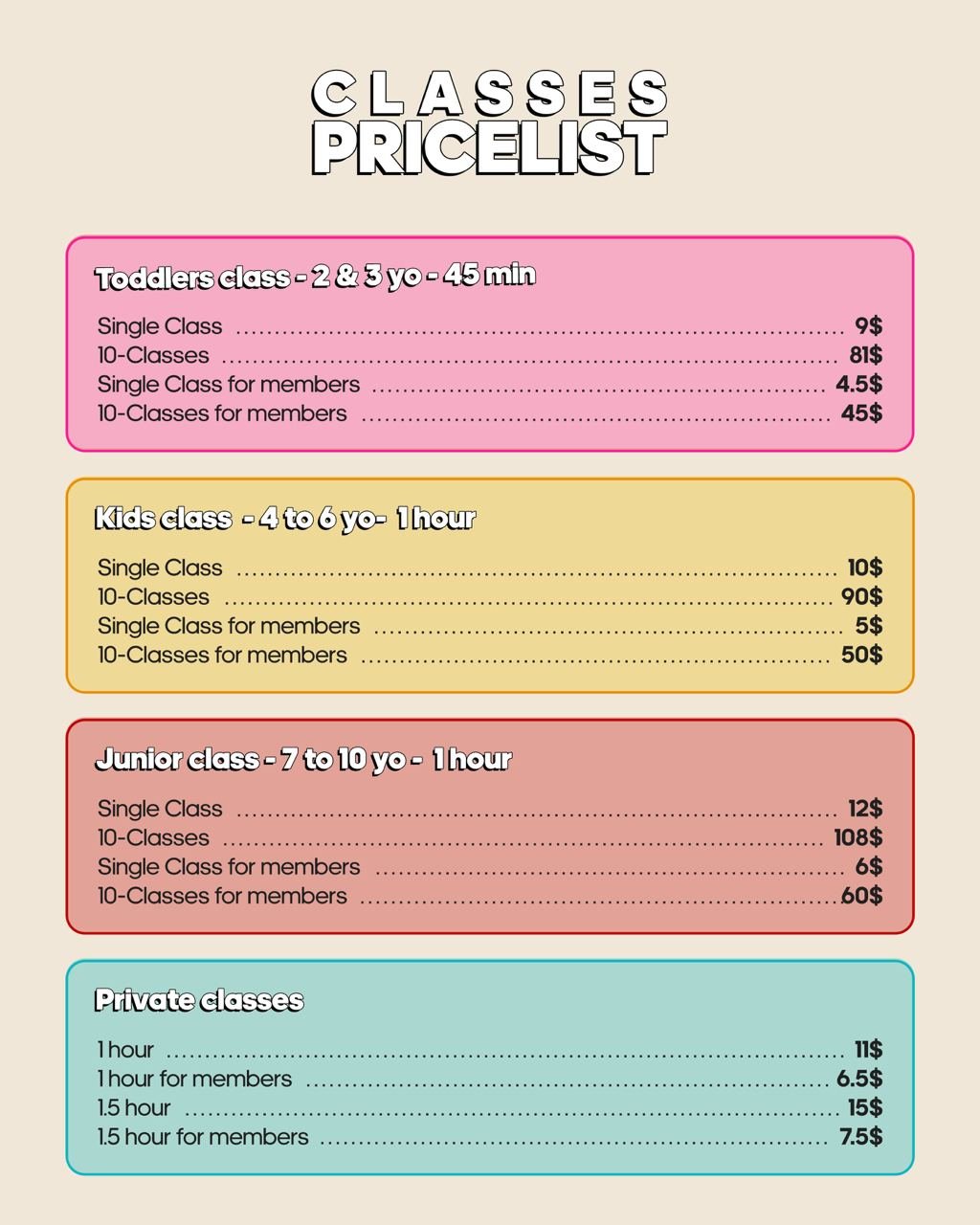 Pricing list for various classes including toddlers, kids, juniors, and private classes with different durations and prices.