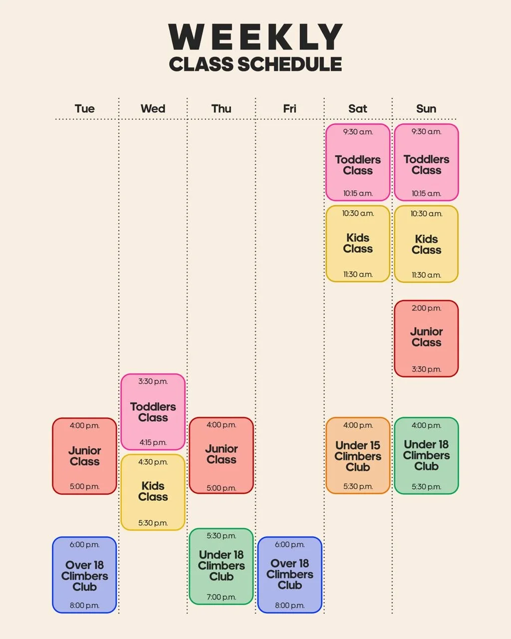 Weekly class schedule with various classes on Saturday and Sunday, including Toddlers Class at 9:30 a.m., Kids Class at 10:30 a.m., and Junior Class at 2:00 p.m., along with Under 15 and Under 18 Climbers Club sessions.