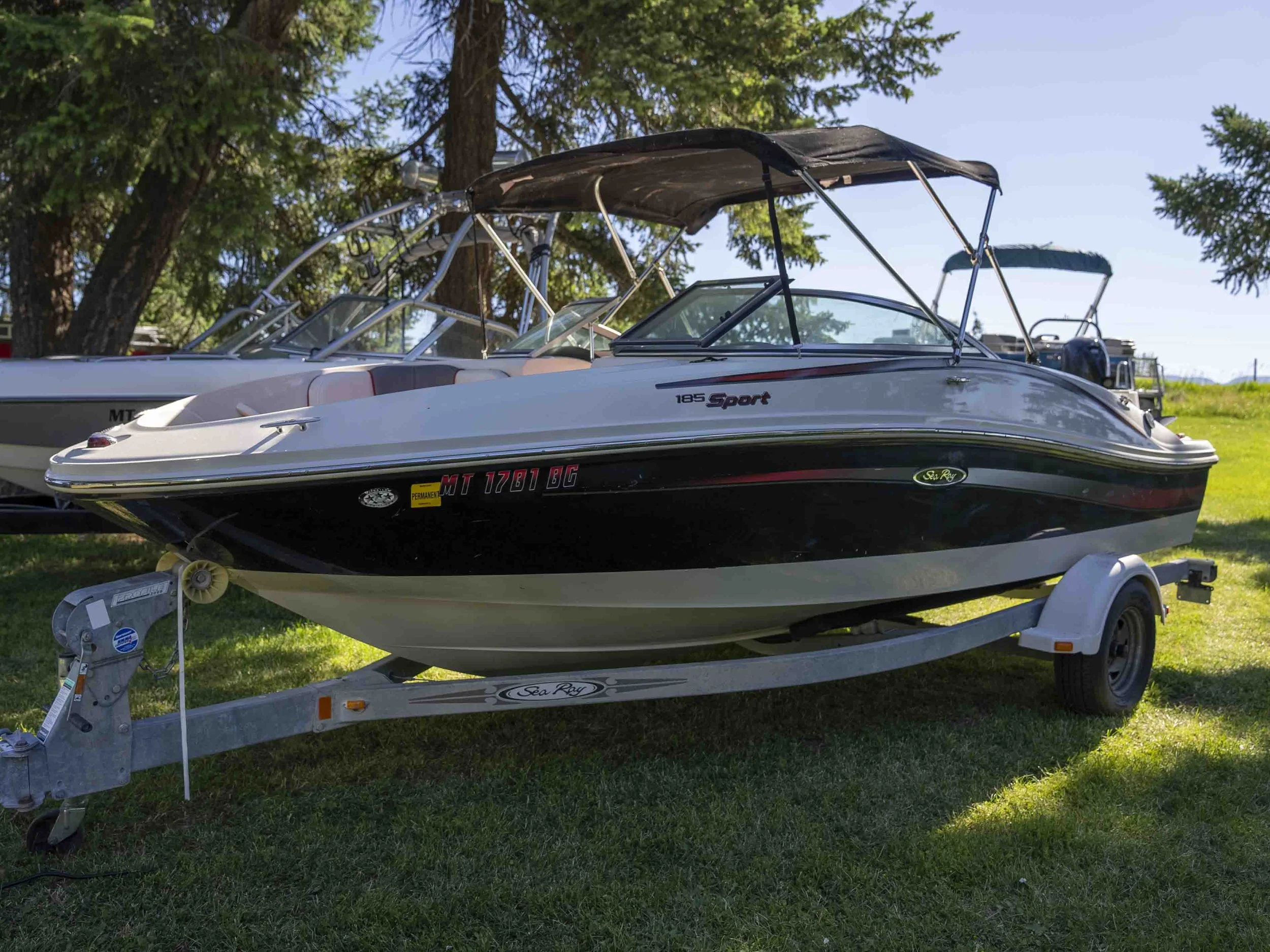 A black and white Sea Ray boat on a trailer parked on grass, with trees in the background.