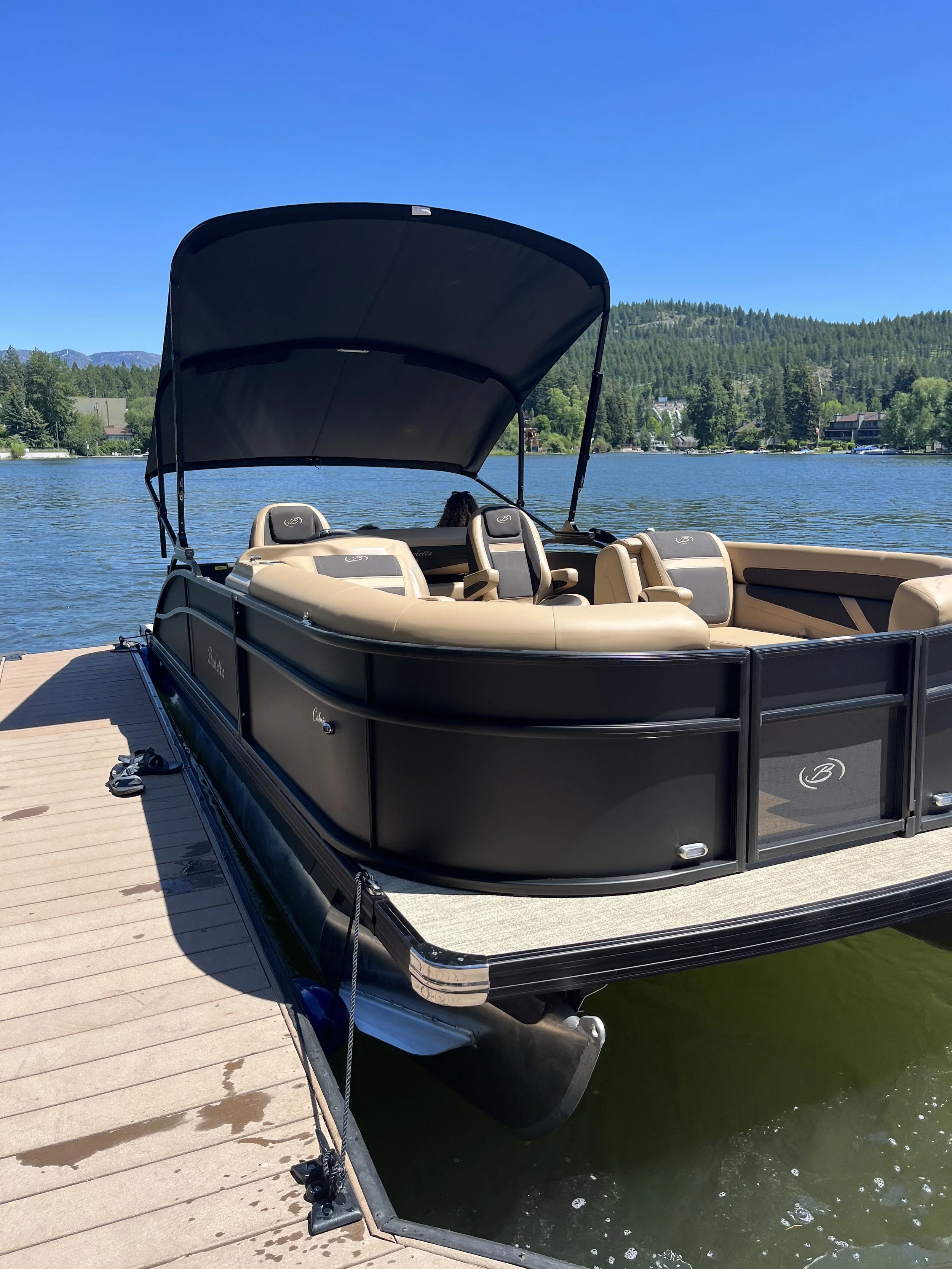 Luxury pontoon boat docked at a wooden pier on a lake with green trees and mountains in the background under a blue sky.