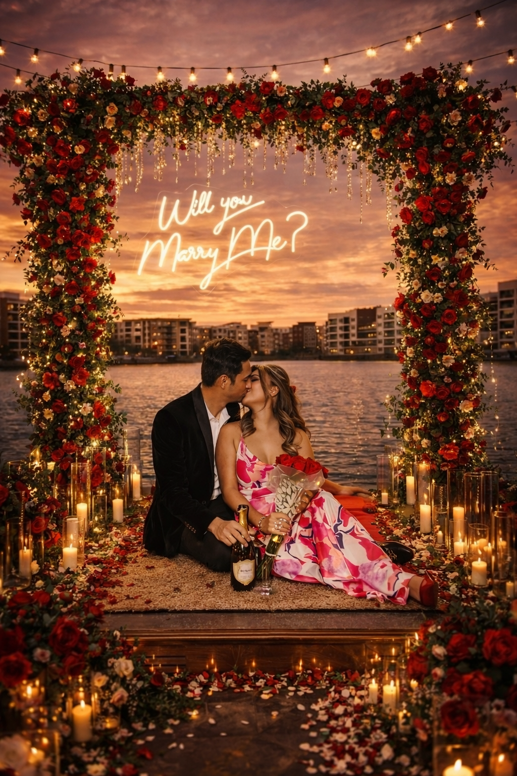 Luxury proposals, Austin planner, Romantic luxury proposal set up with roses, candles and champagne in austin tx.