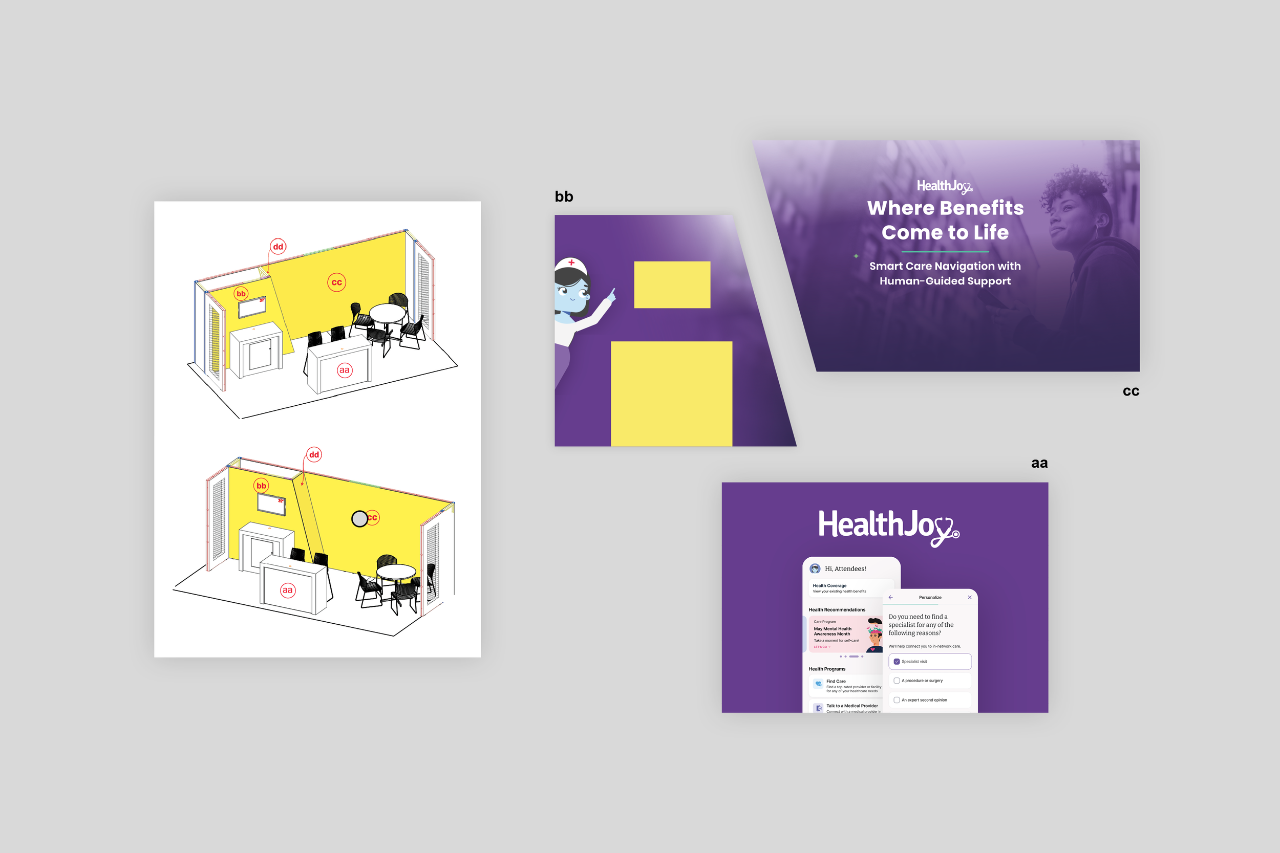Panel designs for the HealthJoy booth at HLTH 2024.