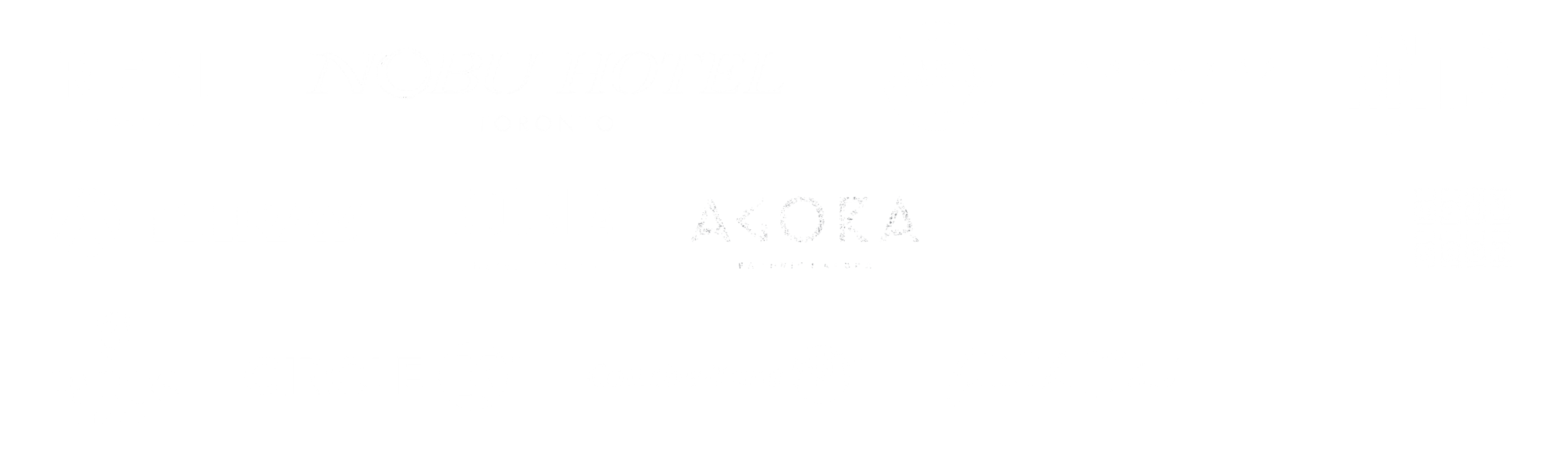 A collection of various restaurant, hotel, and brand logos in white on a black background.
