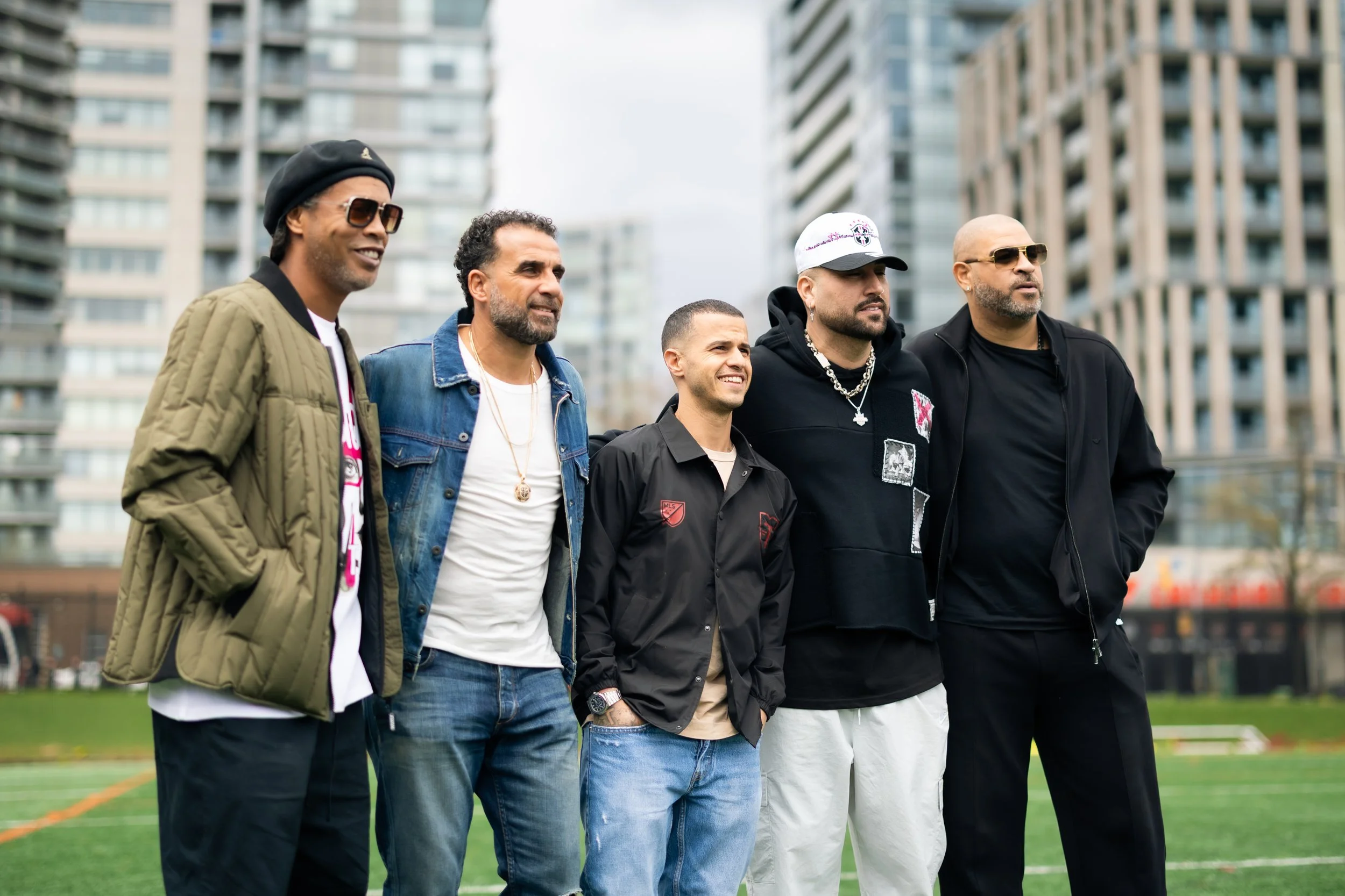Soccer legend, Ronaldinho poses with Adriano, Dwayne De Rosario, Seba Giovinco and founder Diogo Snow at the PR media event ahead of the Living Legends soccer match on May 8