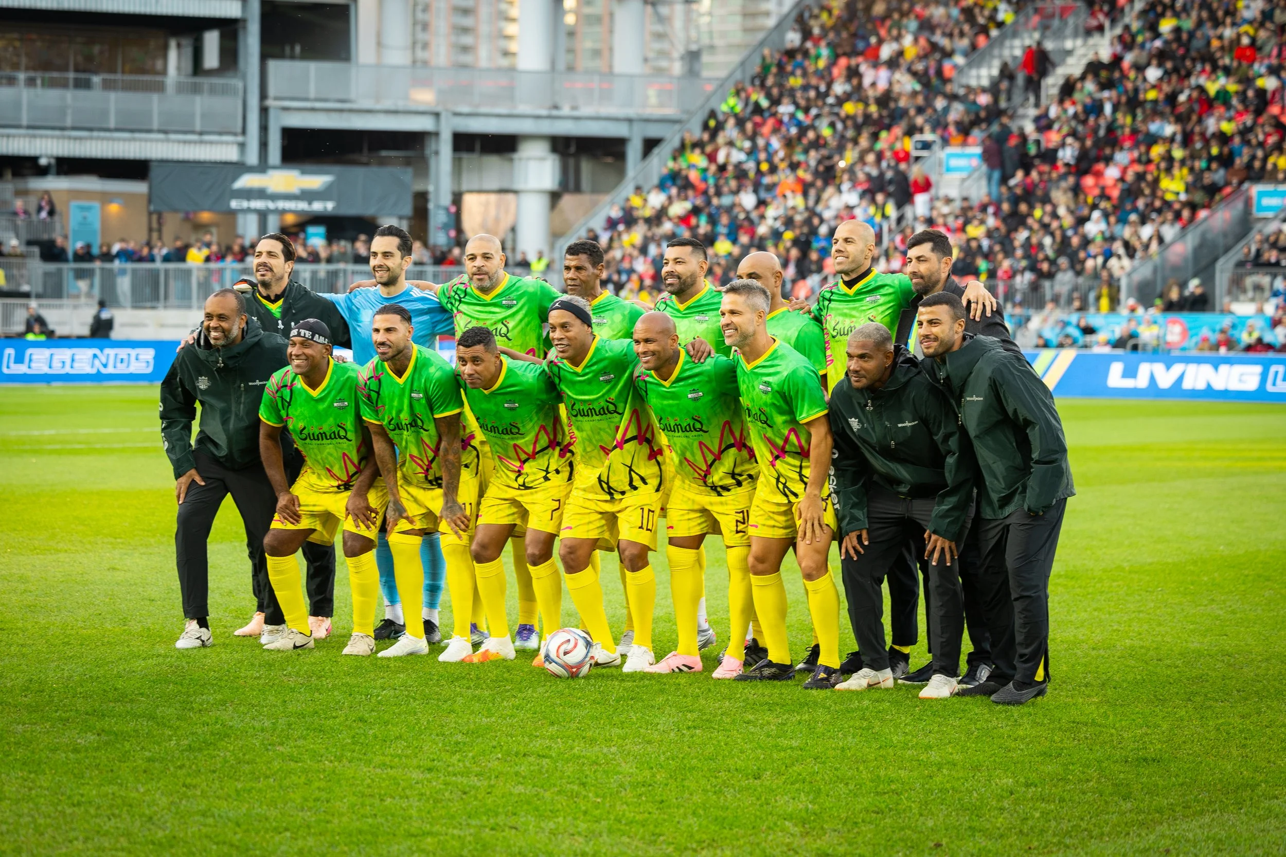 The Brazilian legends lined up with Ronaldinho at the Living Legends soccer match on May 8