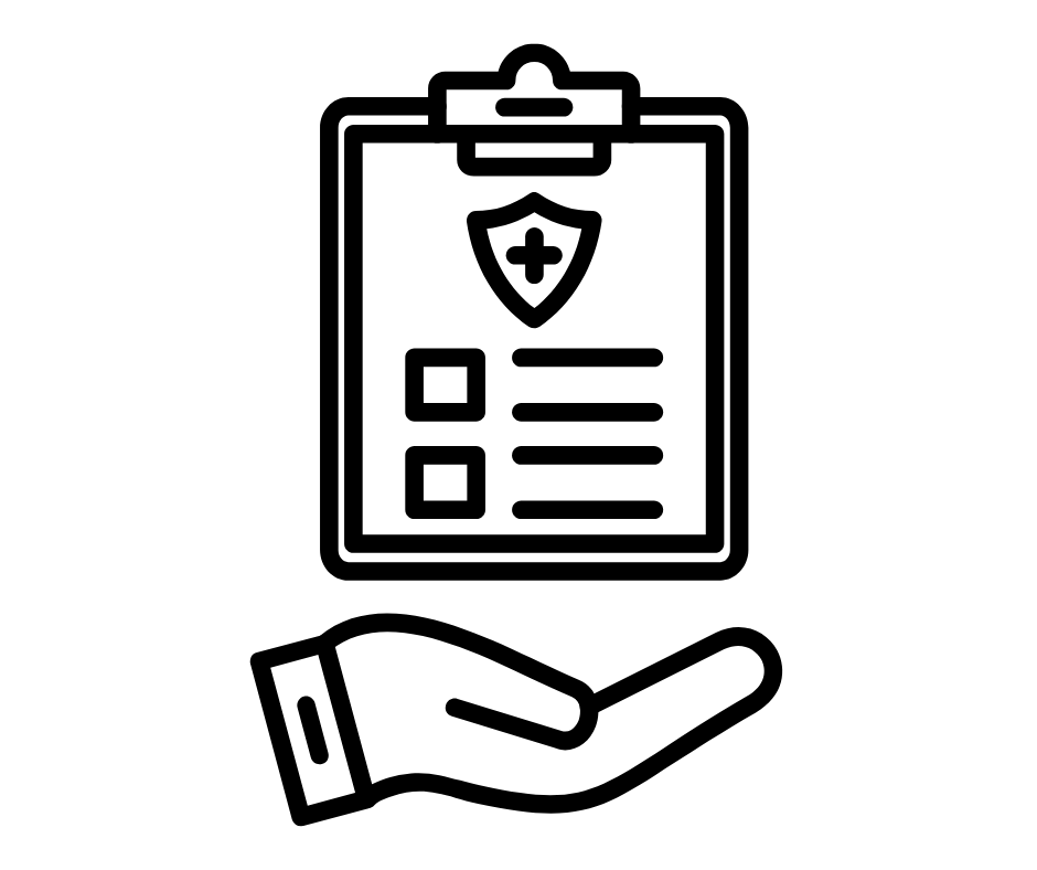 Icono de una mano sosteniendo una hoja de datos médicos con un escudo de salud.