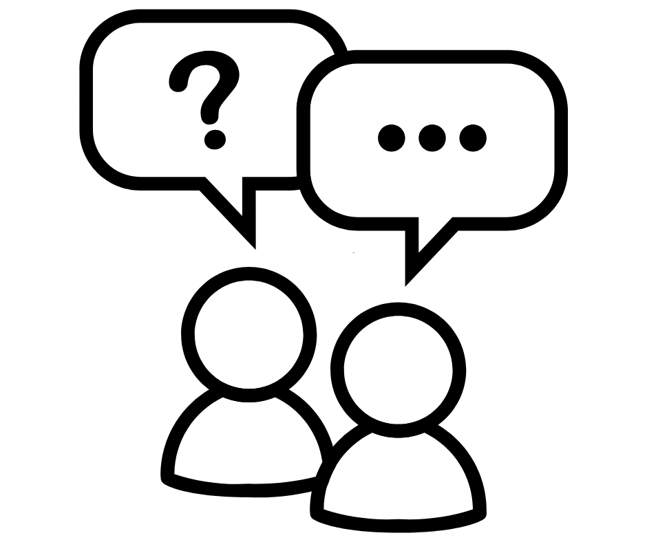 Dos personas hablando, una con un globo de diálogo con un signo de interrogación y la otra con un globo con puntos suspensivos.