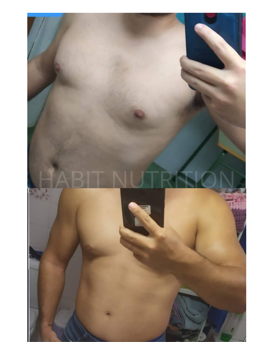 Dos fotos de un hombre sin camisa, mostrando su torso. La primera imagen muestra un torso más delgado y menos muscular, mientras que la segunda muestra un torso más musculoso y definido.
