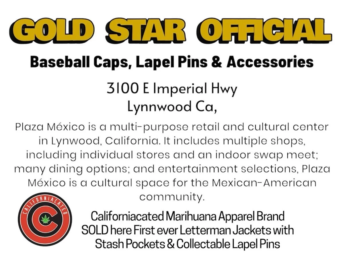 Gold Star Official are carrying these Lapel pins and this style of jacket Created By : Californiacated all art work is copyrighted and designed for connoisseurs of the culture making us one of the dopest to do it by blending Black &amp; Latino Urban 