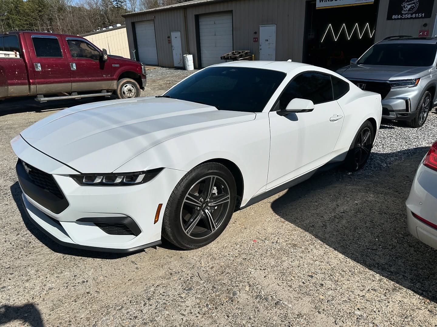 Window tint all the way around on this 2024 Mustang! Added privacy and protection to enhance the driving experience for years to come.