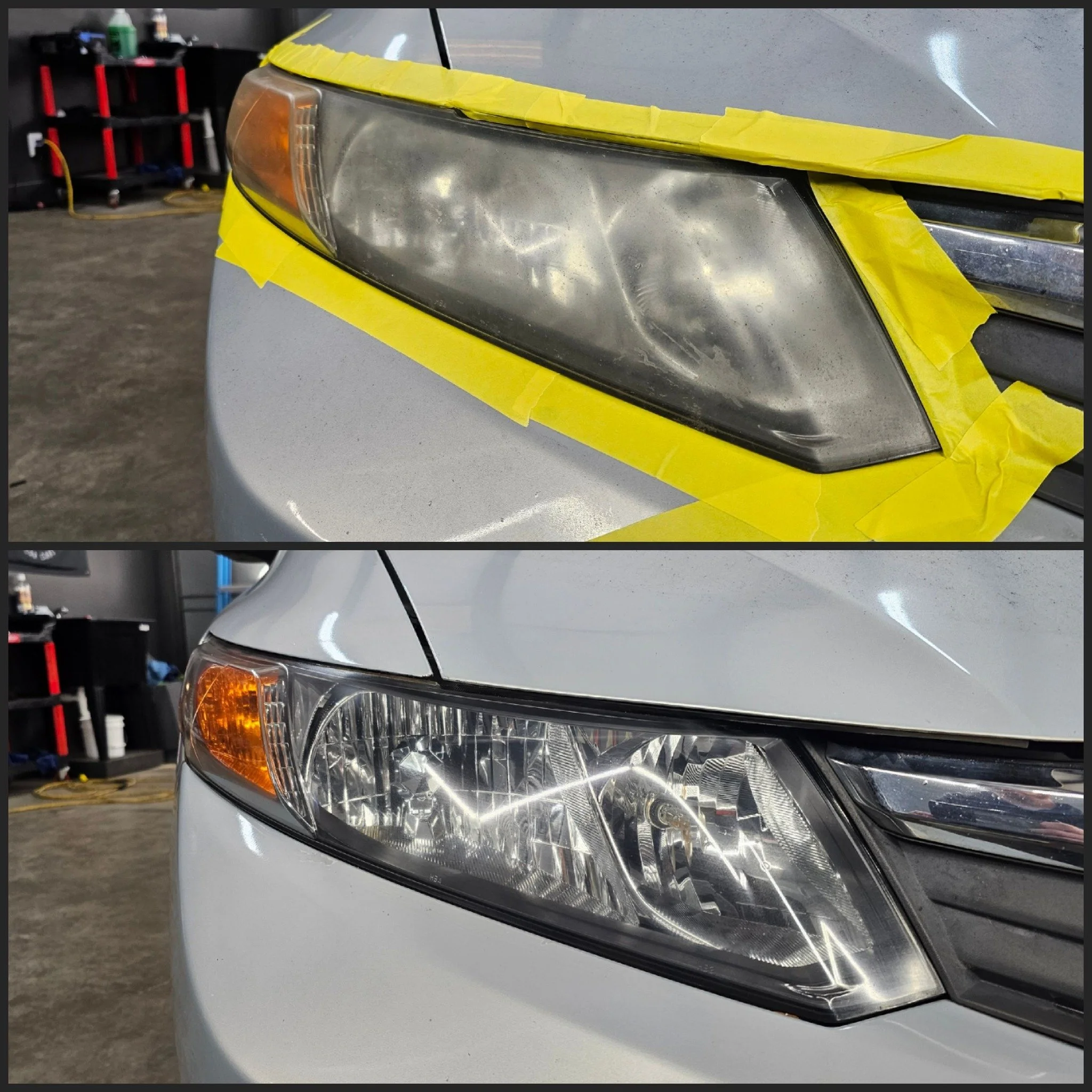 Before and after images of a car headlight restoration: the top shows a cloudy, damaged headlight with yellow masking tape around it, and the bottom shows a clear, restored headlight on the same car.